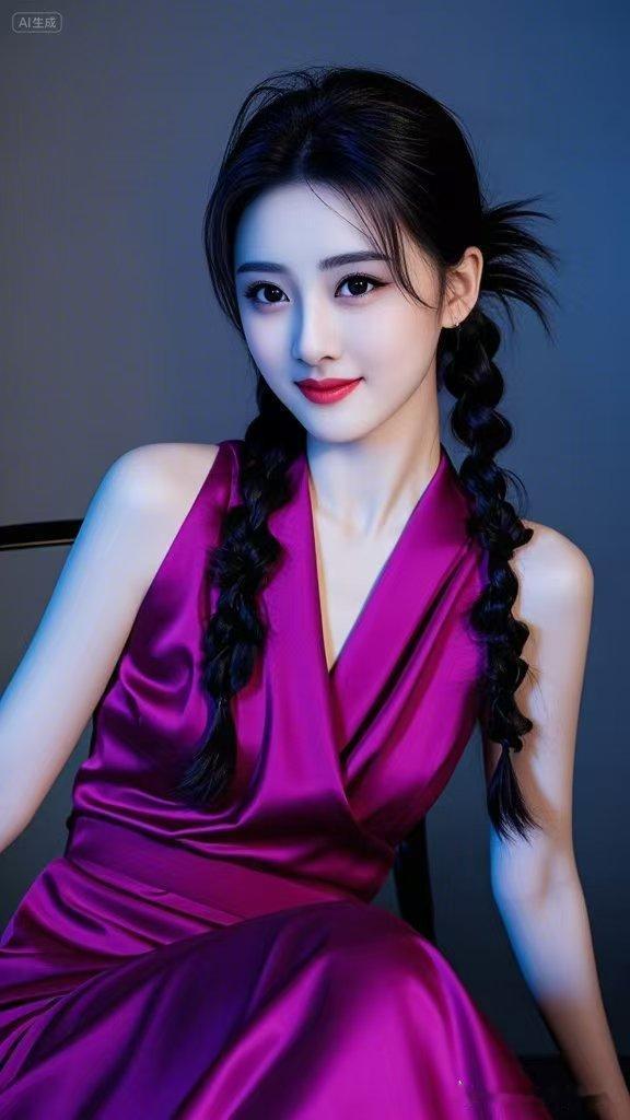 紫衣少女梳着灵动双麻花辫，眉眼弯弯笑靥清甜，暖意沁人心脾。一身紫衣衬得身姿娇俏，