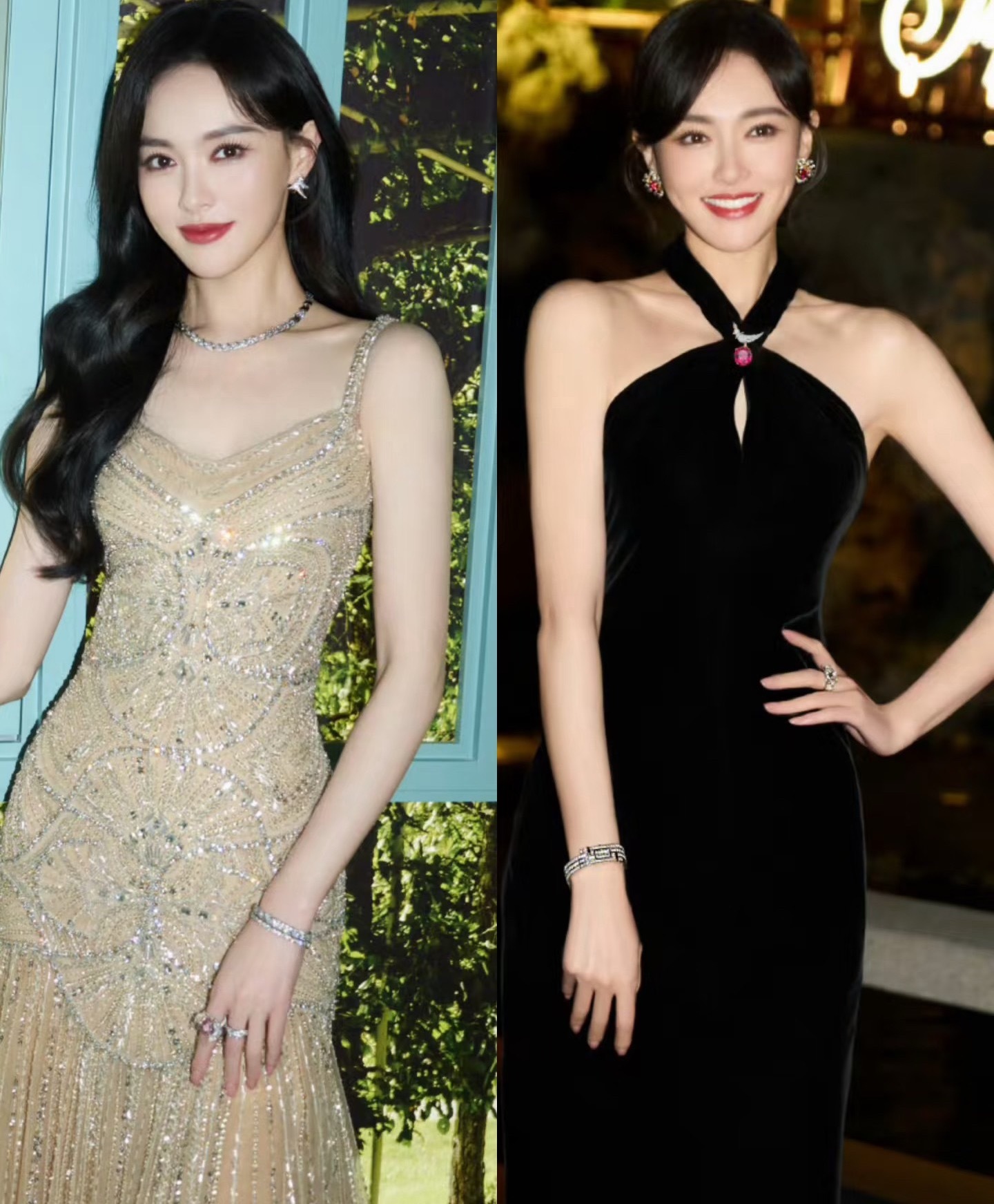唐嫣黑色挂脖长裙➕盘发VS金色吊带➕大波浪两个造型完全不一样的感觉，一个是成熟性