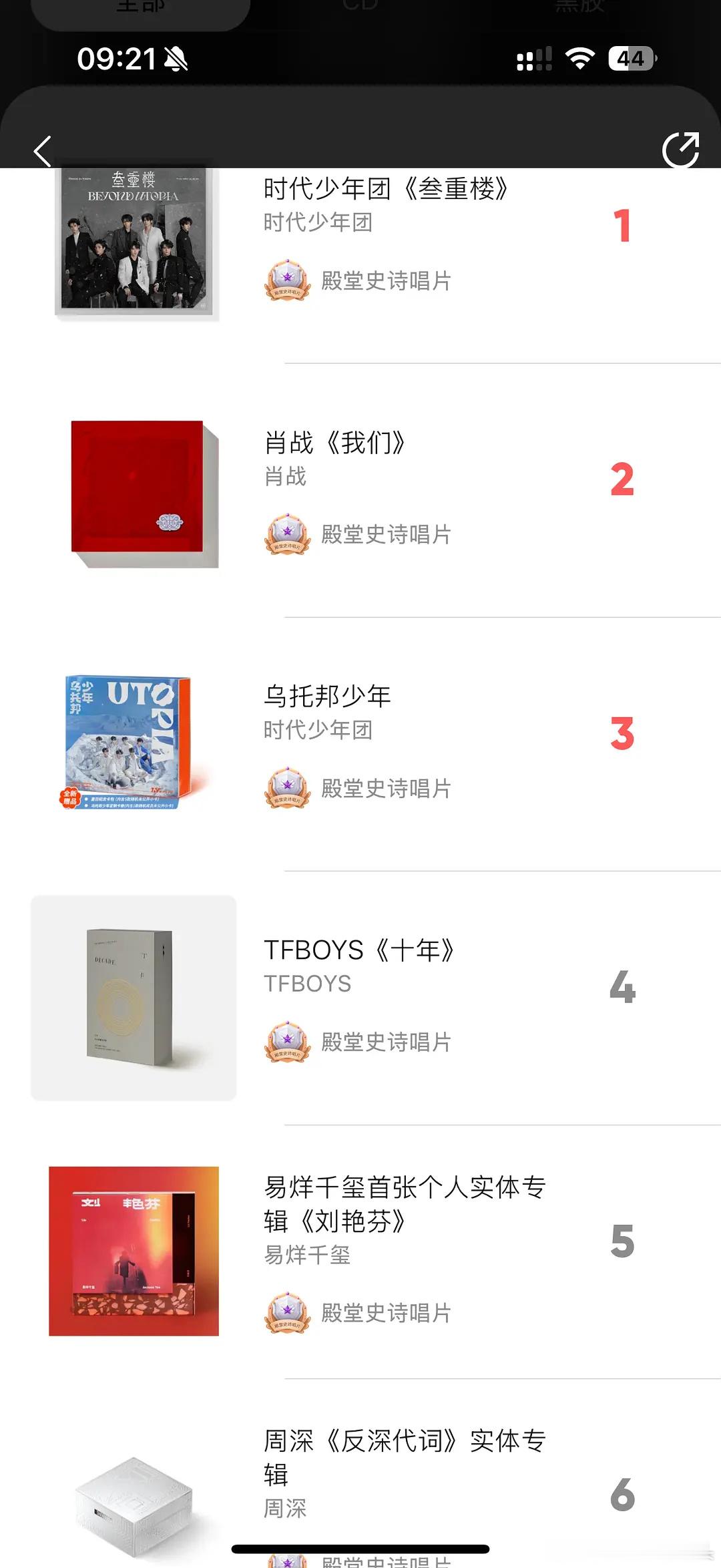 实体专辑排名榜竞争很激烈啊时代峰峻前5占4