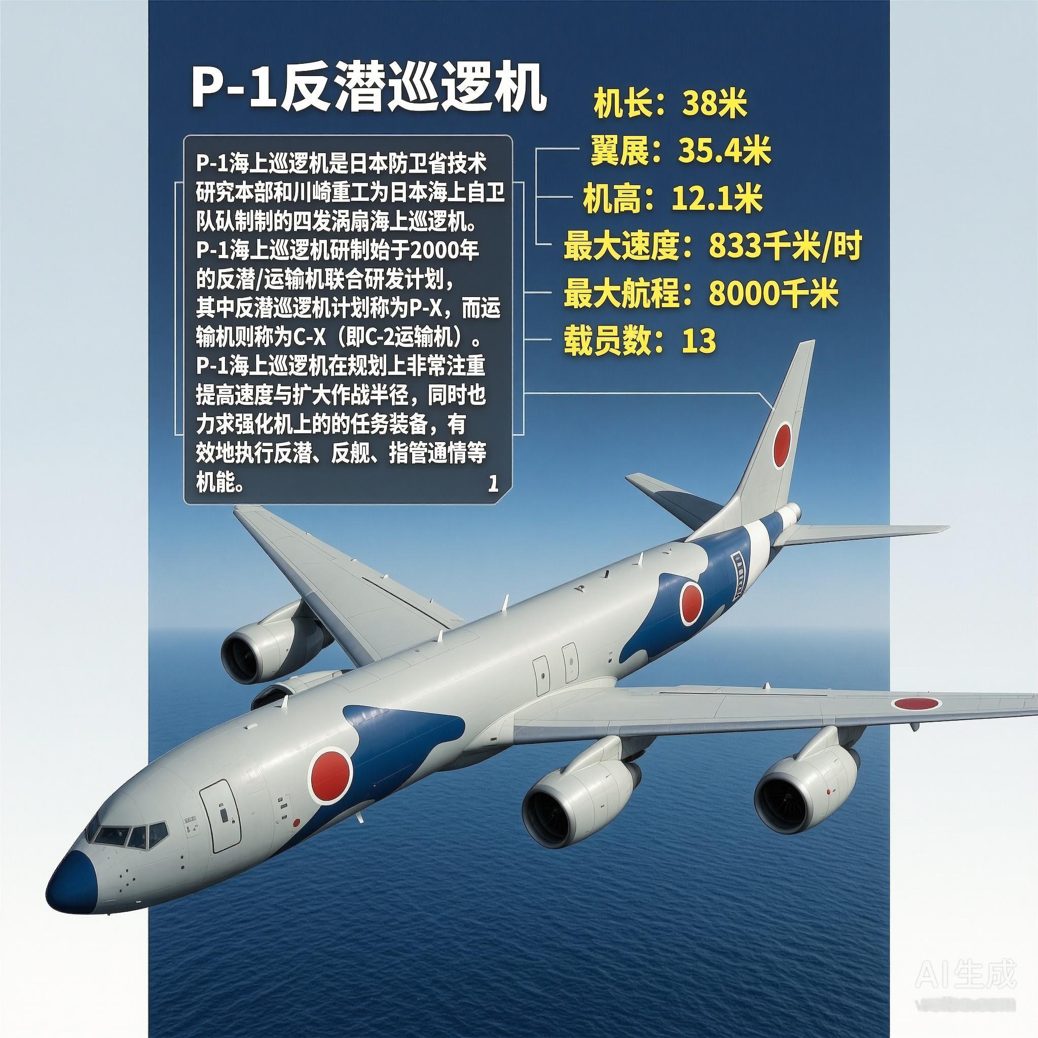 军事ai新视野 P-1反潜巡逻机［日］机长：38米翼展：35.4米机高：12.1
