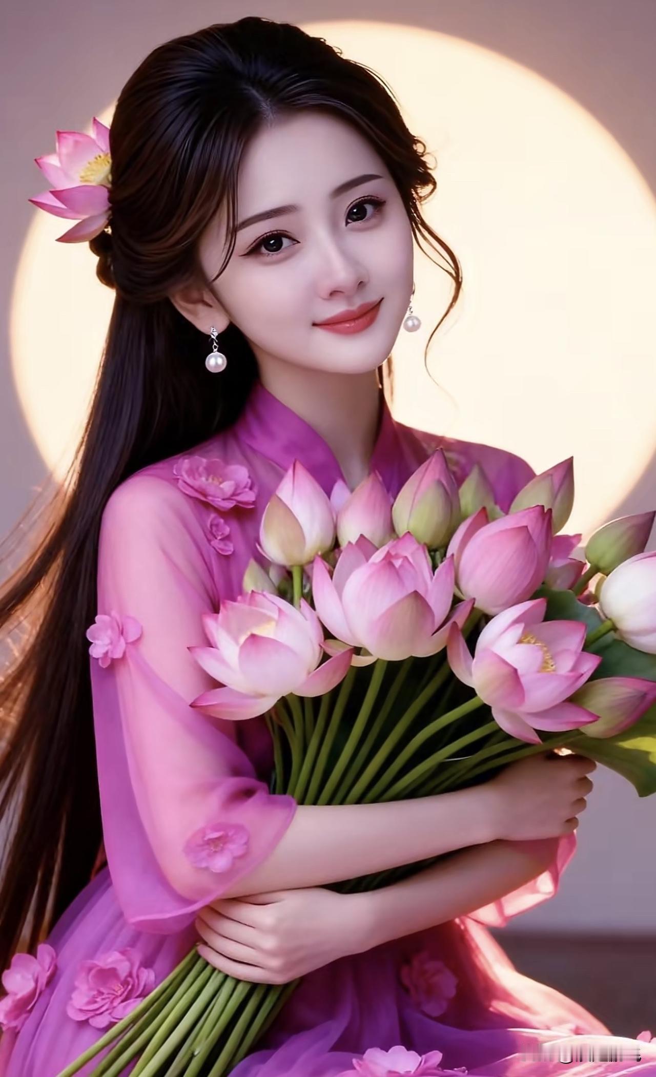 粉衣美人捧莲花，笑靥如花映日华。粉裳花影照 粉裙花畔照 玫粉裙照 玫粉裙照 粉衣