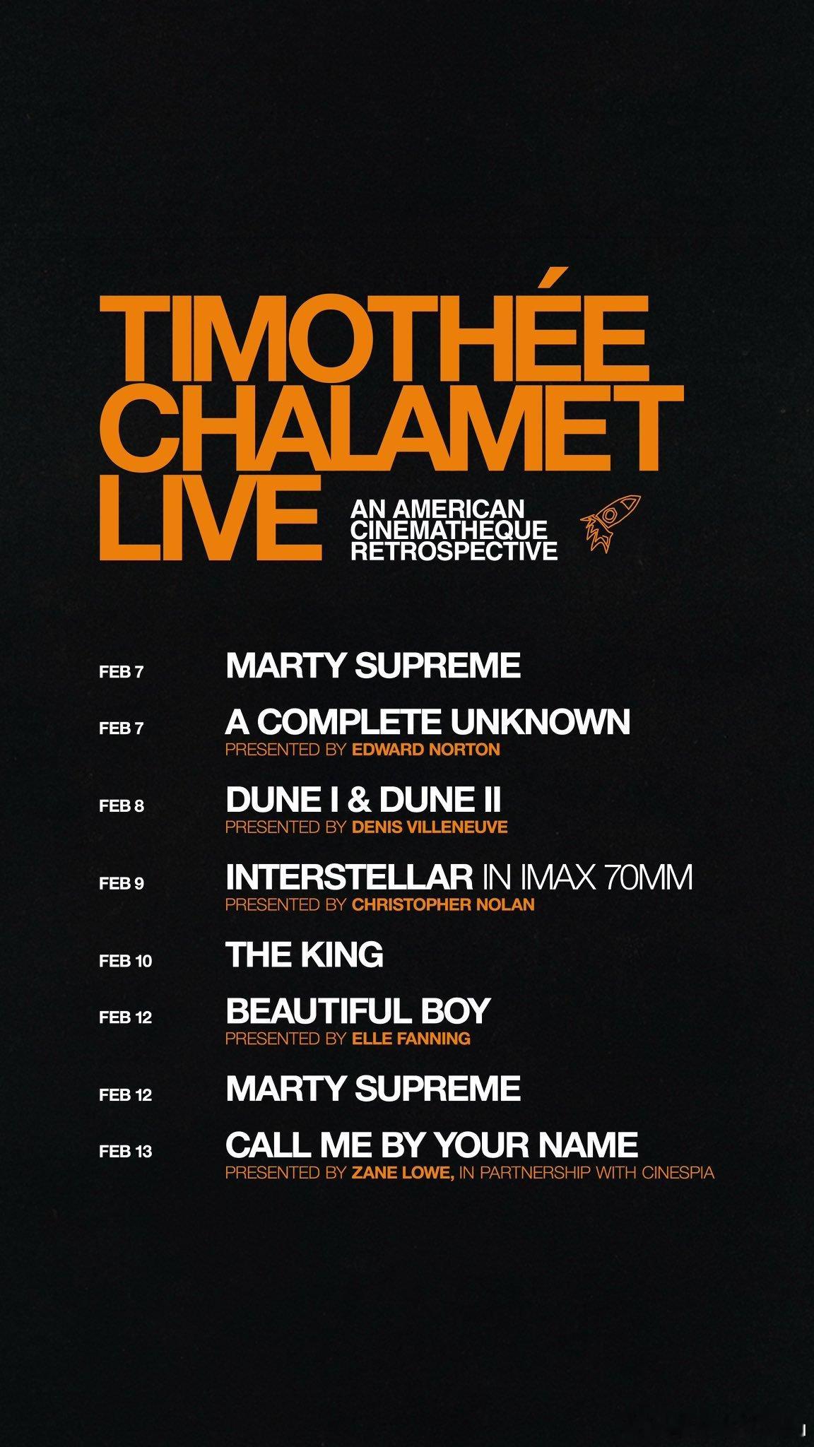 美国电影资料馆将举办提莫西·查拉梅的影展，放映他多部主演的作品，部分电影映后有导