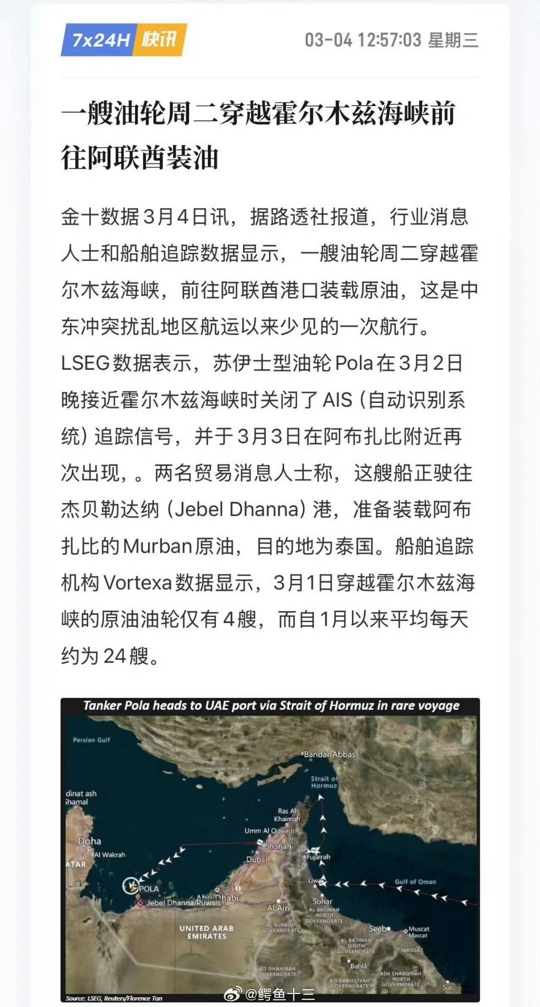 a股 3月1日穿越霍尔木兹海峡的原油油轮仅有4艘，而自1月以来平均每天 约为24
