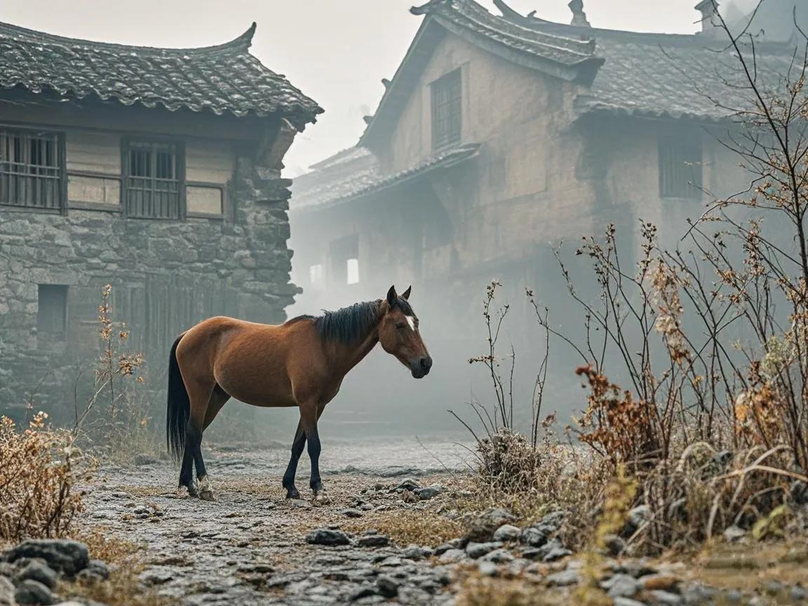 上联：淡雾荒村瘦马。
下联：[火炬][火炬][火炬][火炬]