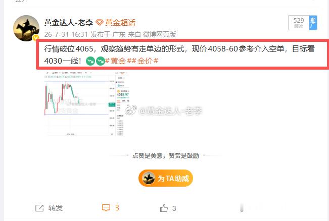 看反弹不成立！空头才是主旋律!4060一线空单，已顺利开盈中，目前价格在4052