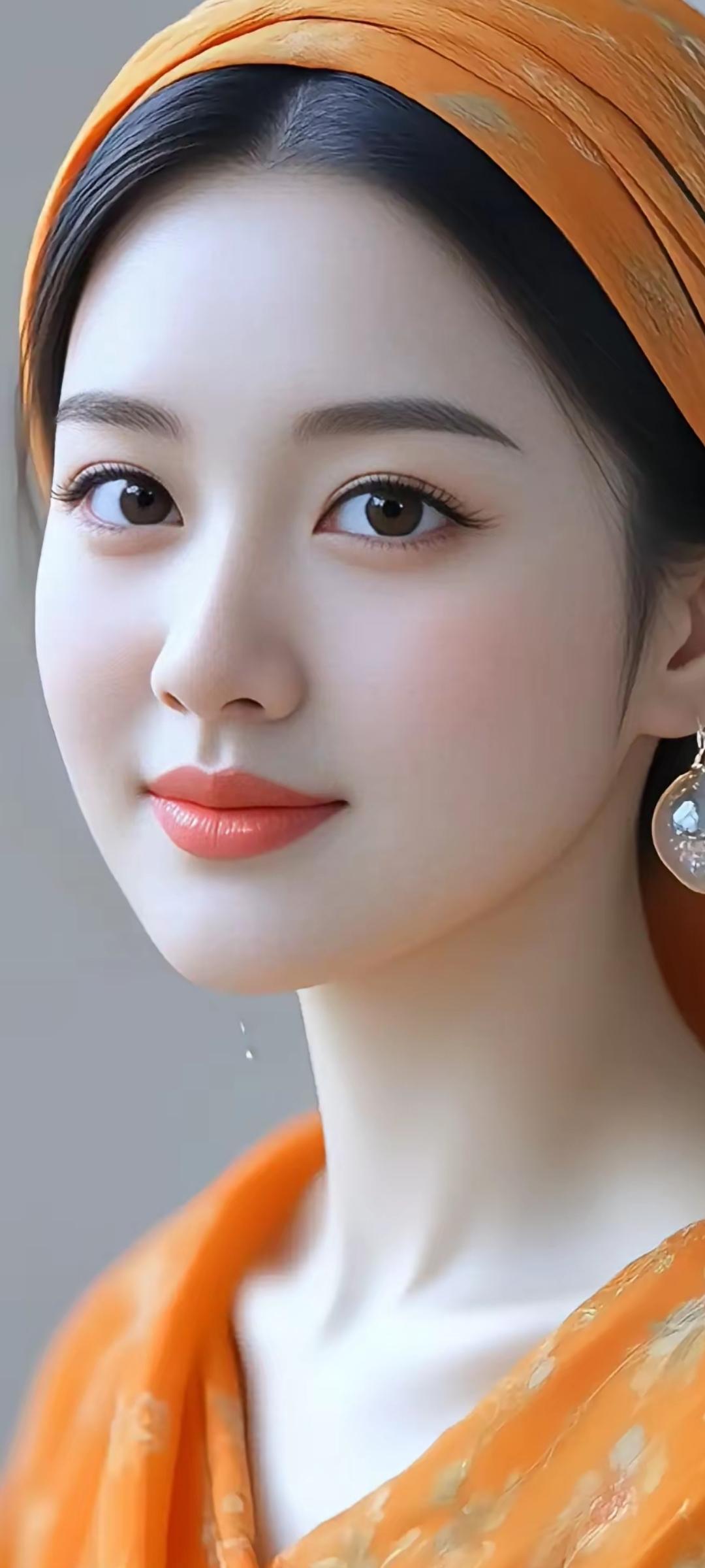 温柔甜美的东方美人，橙色的头巾和耳环相得益彰，尽显优雅气质。