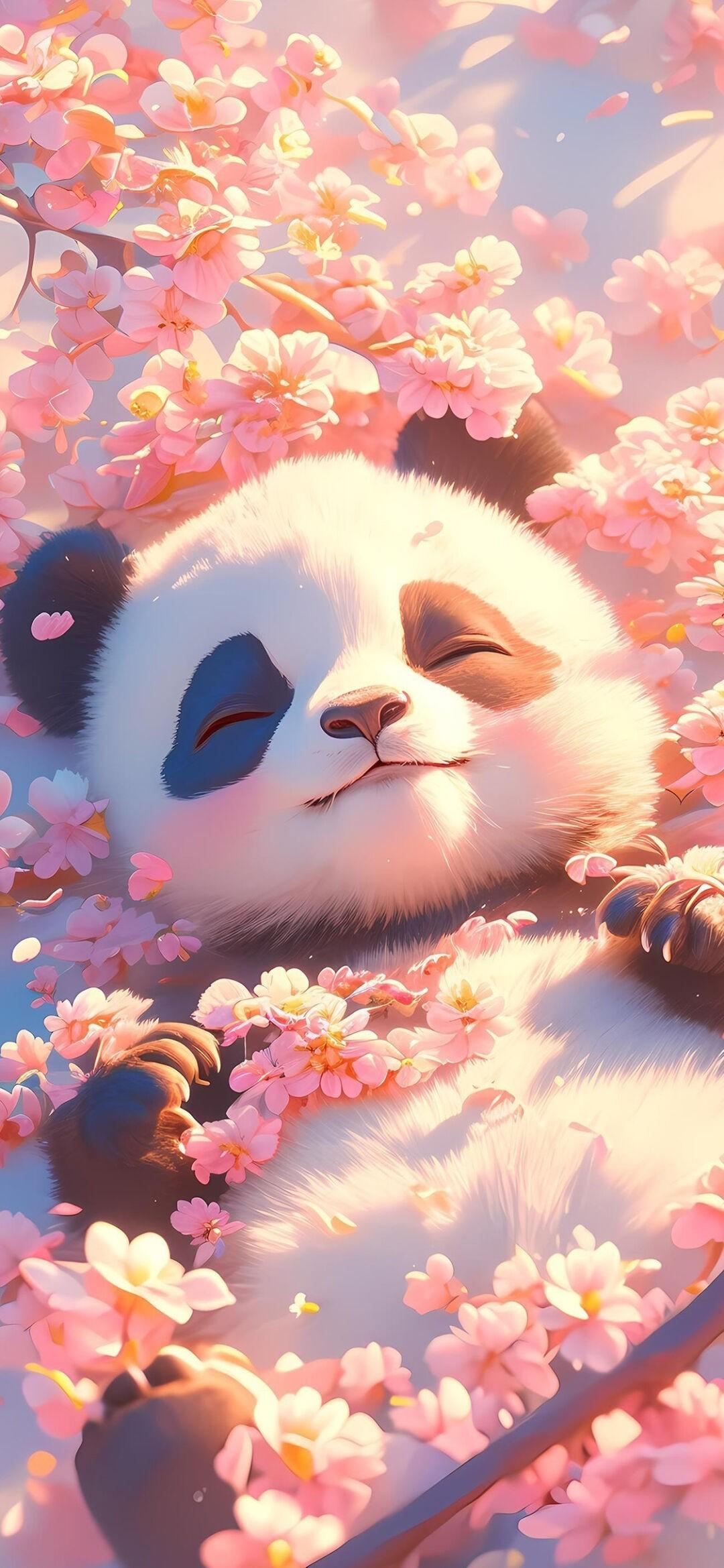 换新壁纸啦！ 
柔粉的樱花铺满画面，像一层甜甜的云。小熊猫安静闭眼躺在花海里，毛