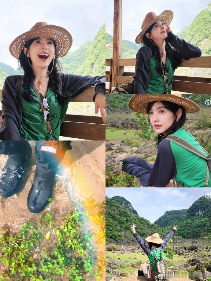 章若楠贵阳vlog徒步的穿搭也好好看，草帽和红帽子都被种草了！ 