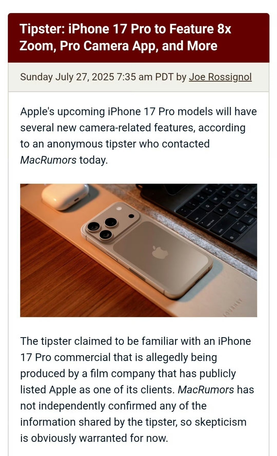 网传消息称iPhone 17 Pro将支持8X光变，甚至还会在已有拍照按键的基础