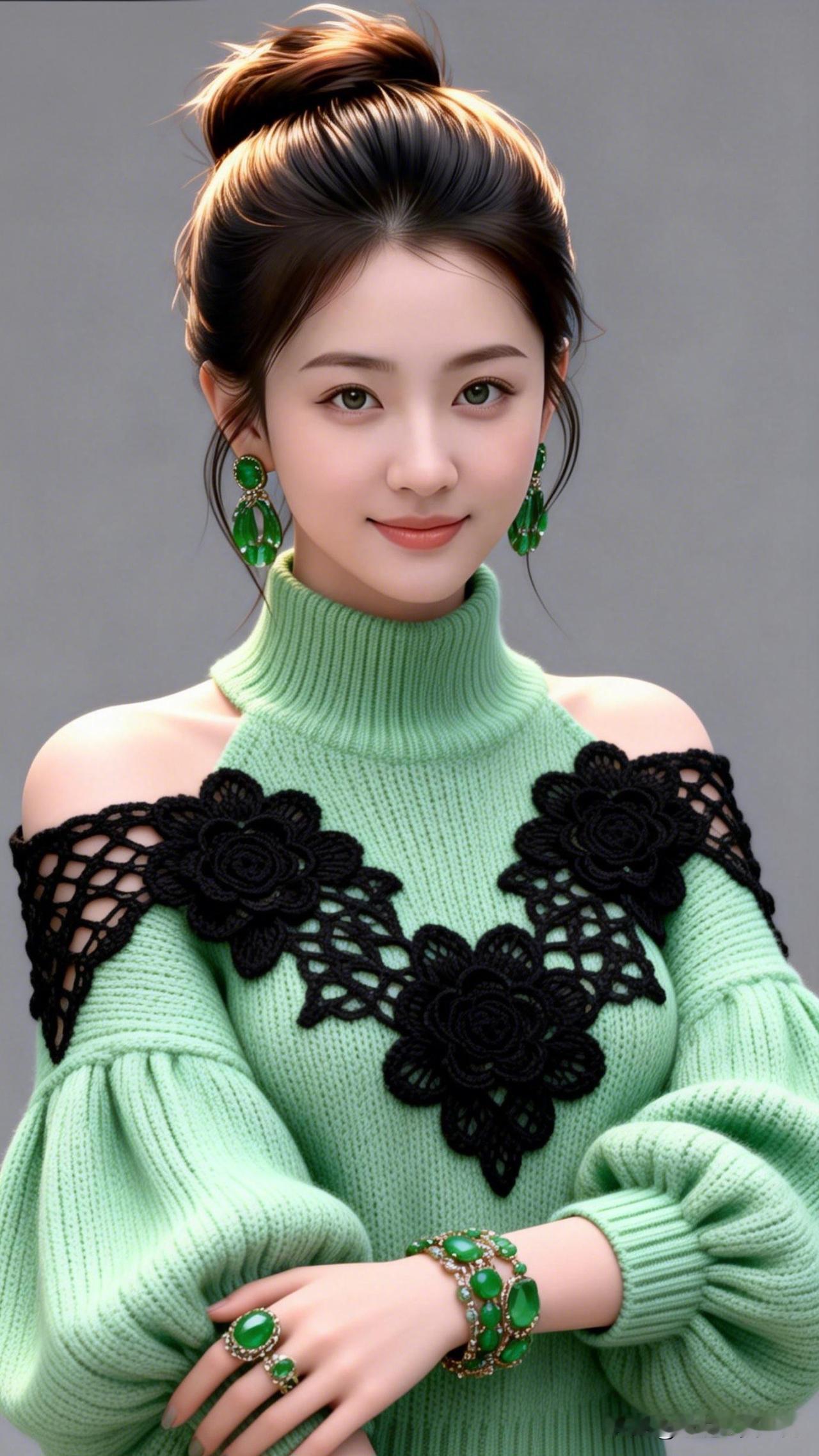 绿衣美人，花影摇曳。什么样的穿搭可以成为气质女神? 优雅绿衣少女，黑花刺绣毛衣，