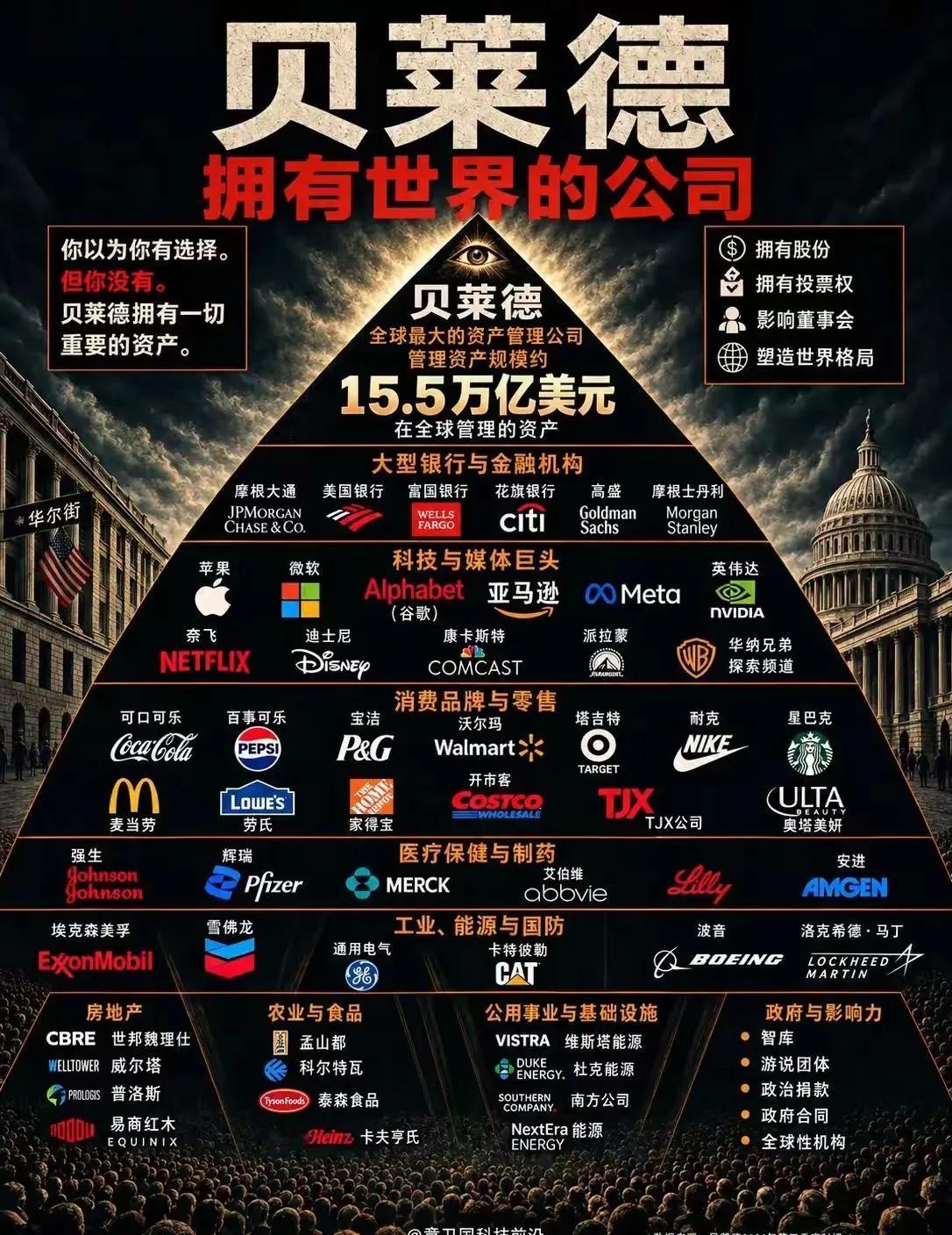 这张图说贝莱德"拥有整个世界"——你喝的咖啡、用的手机、吃的药，背后全是它，顶端