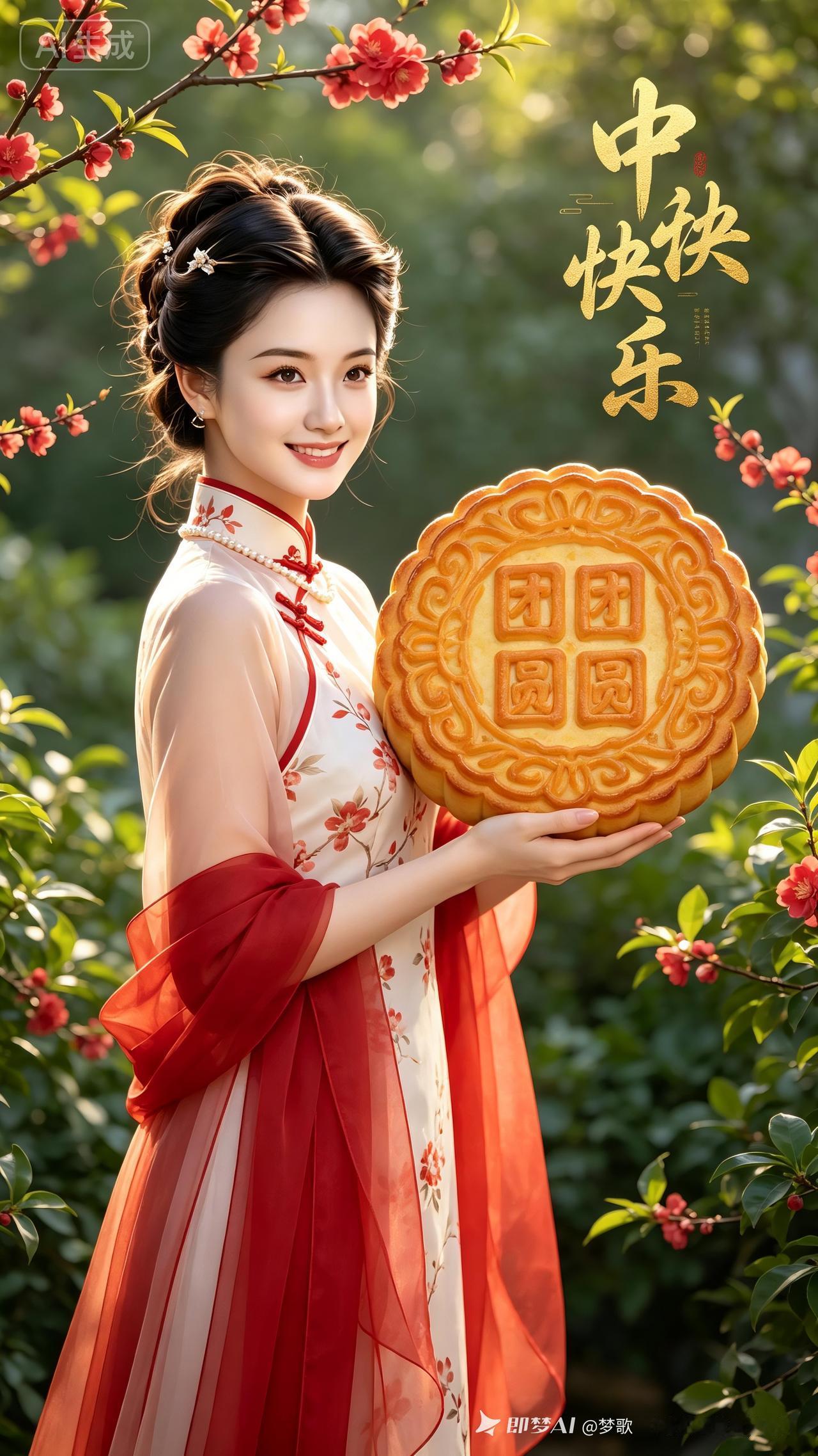 这位小姐姐拿着月饼在花丛中微笑。