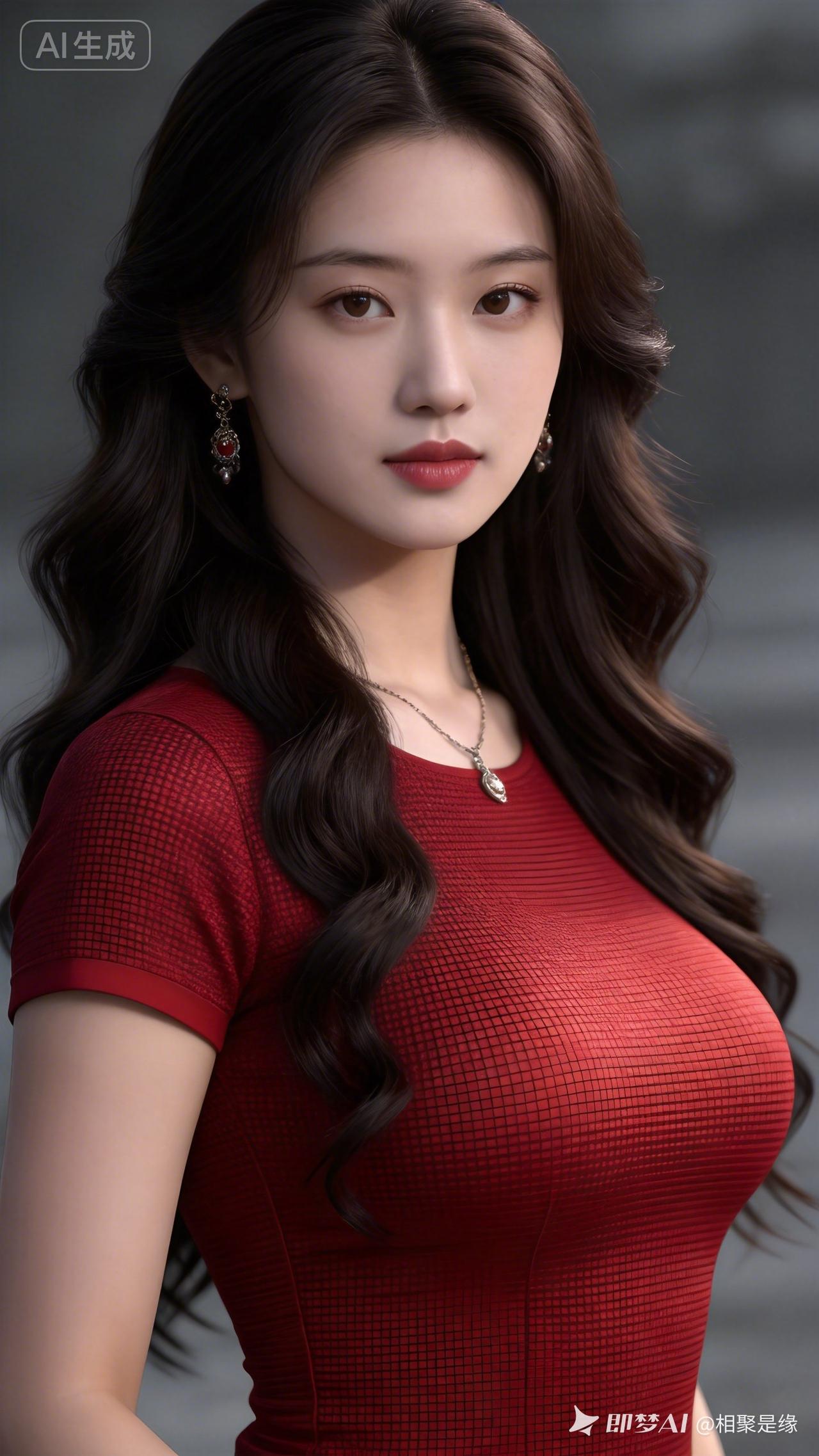 优雅红衣少女，AI生成的梦幻美照！