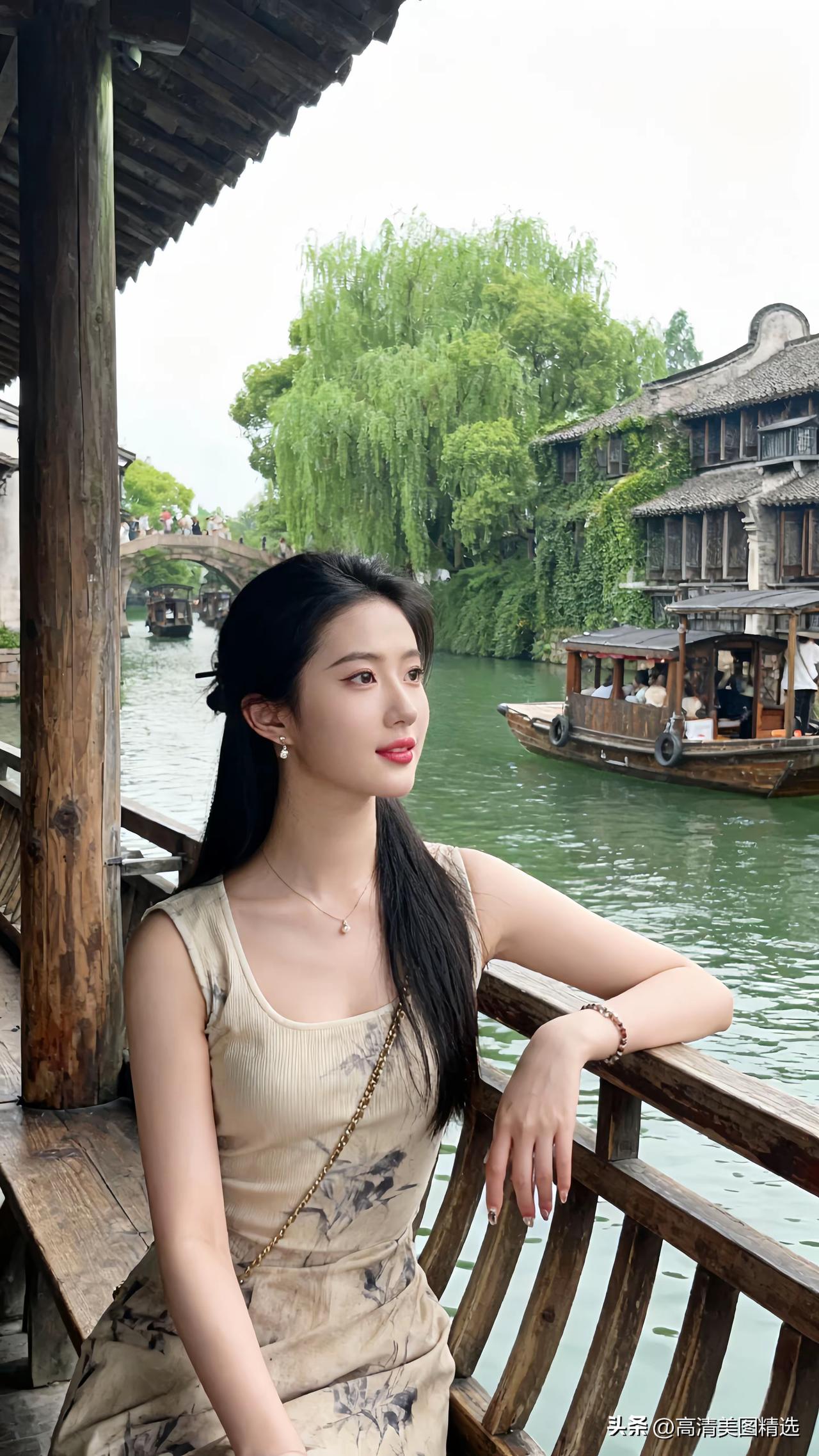 水乡佳人倚栏望，古桥舟影入画来。