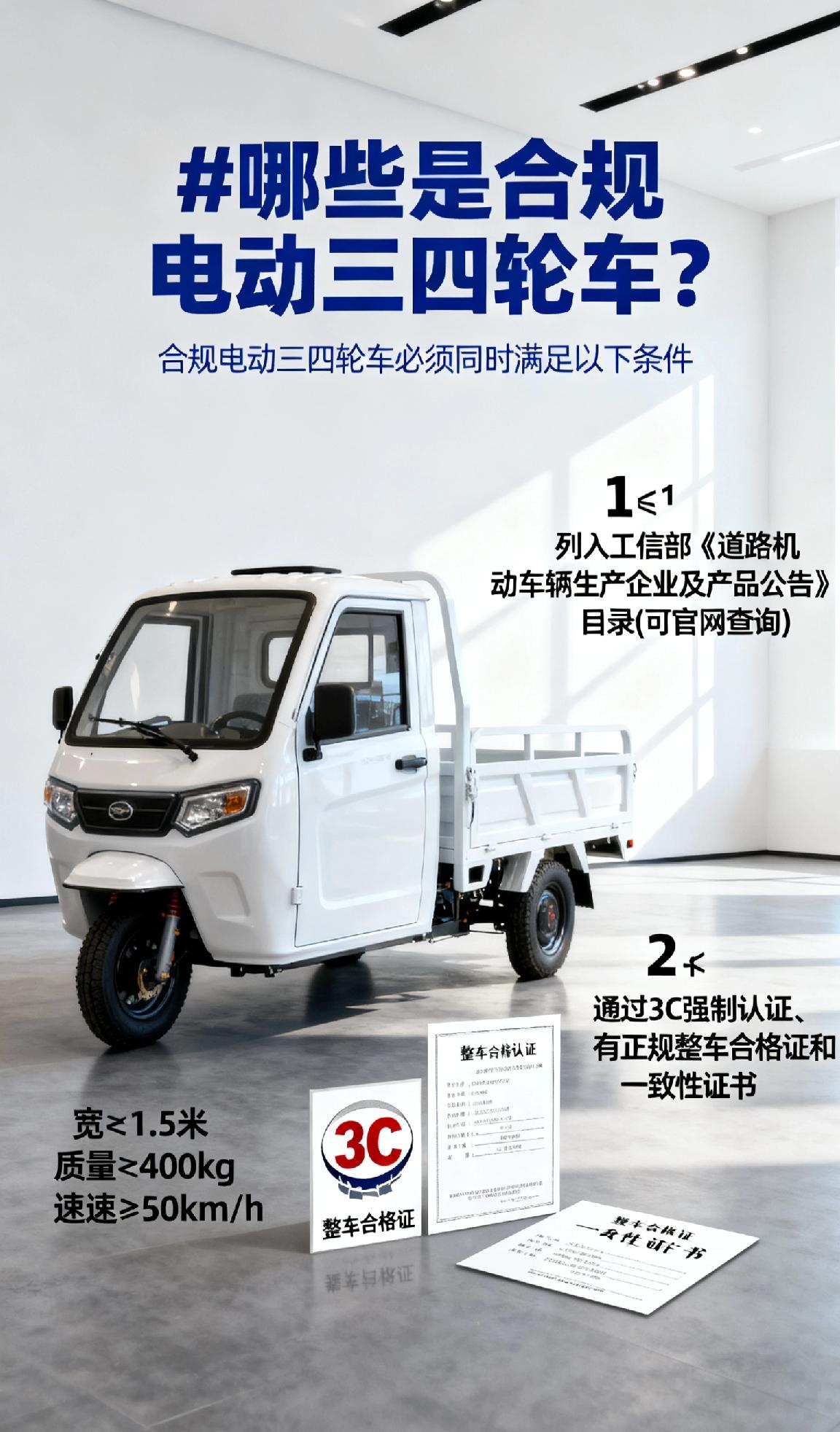 哪些是合规电动三四轮车? 
 
合规电动三四轮车必须同时满足以下条件:
1️⃣ 