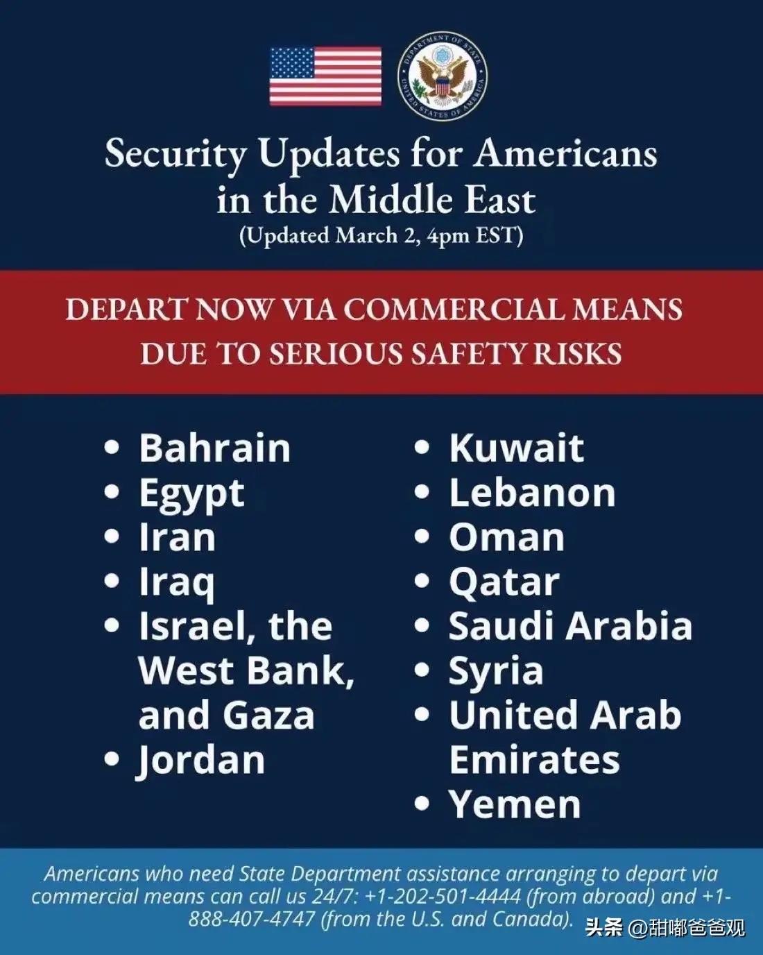 美国突然接连发布6条撤侨令，要求非政府人士及家属尽快撤离中东五国，中东火药桶要爆