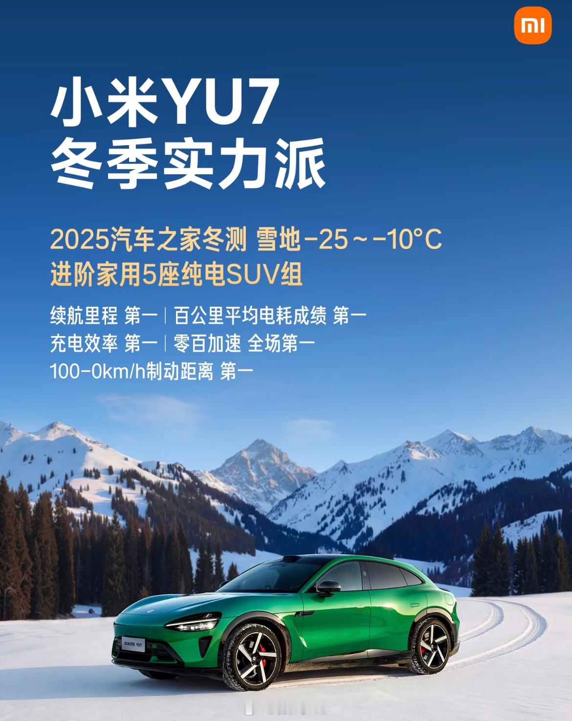 小米YU7冬季实测 五项第一：续航里程、百公里平均电耗成绩、充电效率、零百加速、