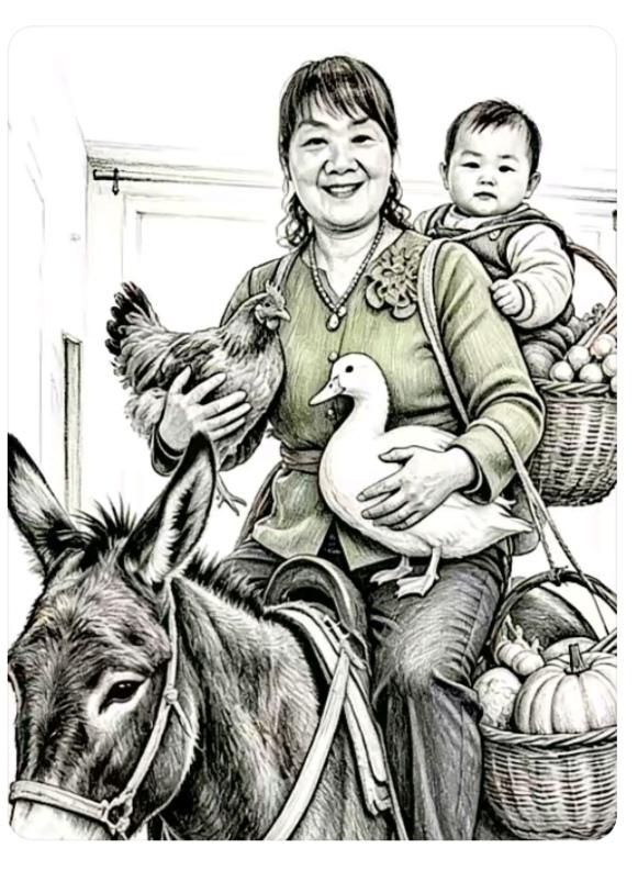 〔欣赏图片〕
图中画面真给力；
这个真正回娘家；
右手鸡来左手鸭；
身后还背胖娃