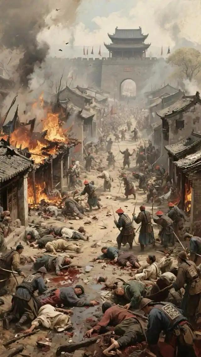 太平军血战汉中城下，清兵拼死固守七天七夜，百姓哭爹喊娘四散奔逃，城墙脚下尸体堆得