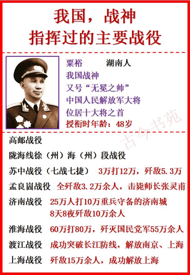 我国战神，指挥过的主要战役有哪些？

他擅长以少胜多的战役，苏中战役用3万打12