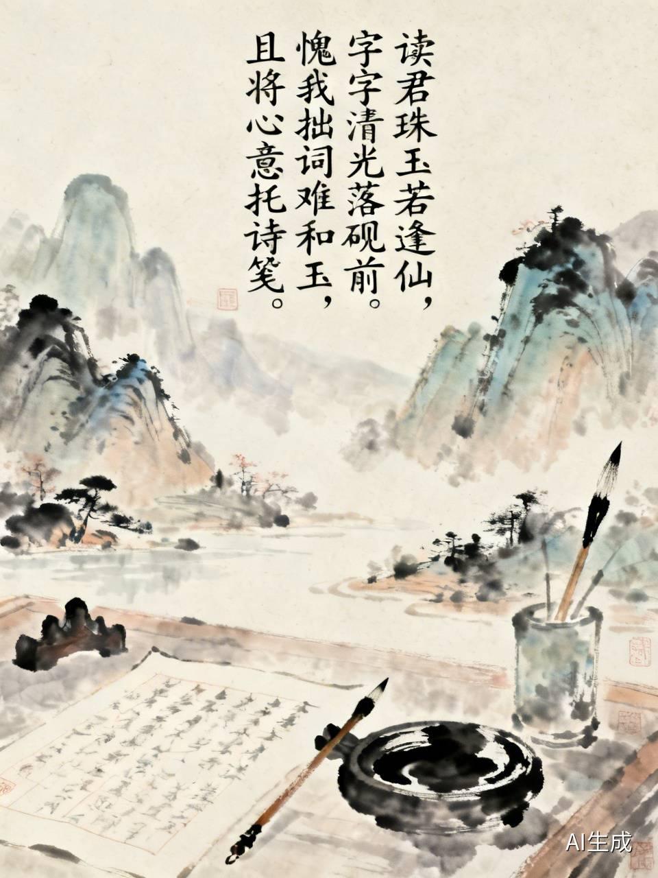 读君珠玉若逢仙，
字字清光落砚前。
愧我拙词难和玉，
且将心意托诗笺。