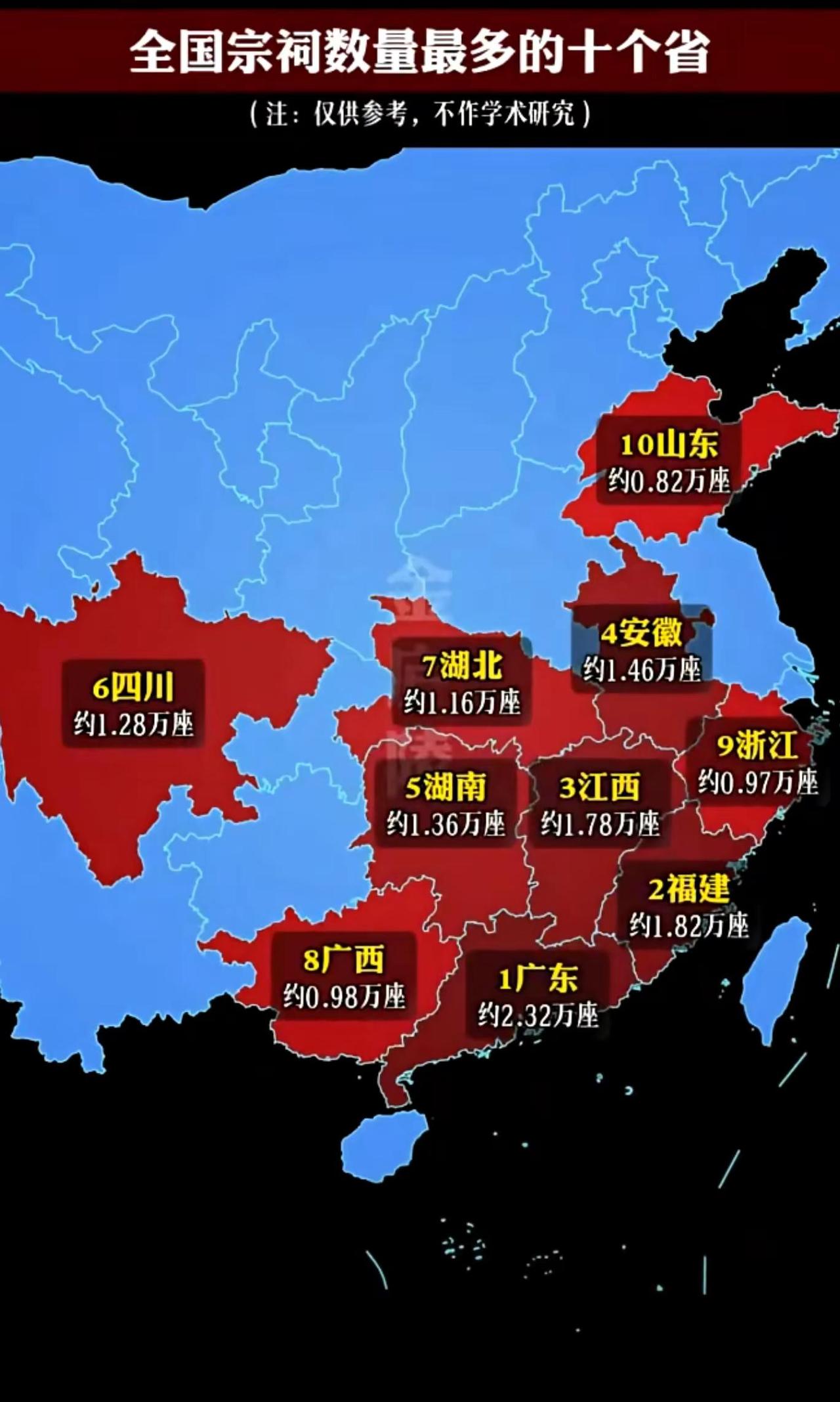 地图显示全国宗祠数量前十省份依次为广东（2.32万座）、福建（1.82万座）、江
