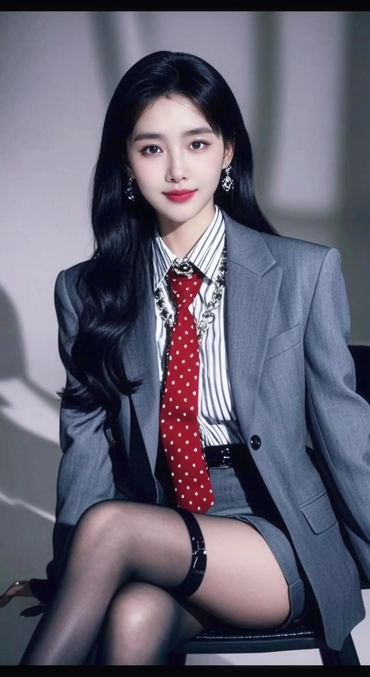 优雅职场风，红点领带搭配灰色西装，尽显女性魅力！