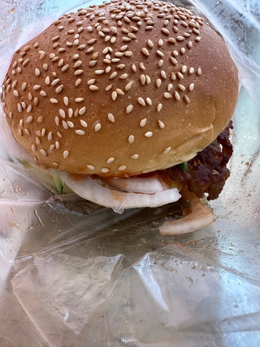 午安❤️今天的早午餐，猪肉堡加菜，多➕小黄瓜🥒跟洋葱，我喜欢，偶尔会特地绕过来