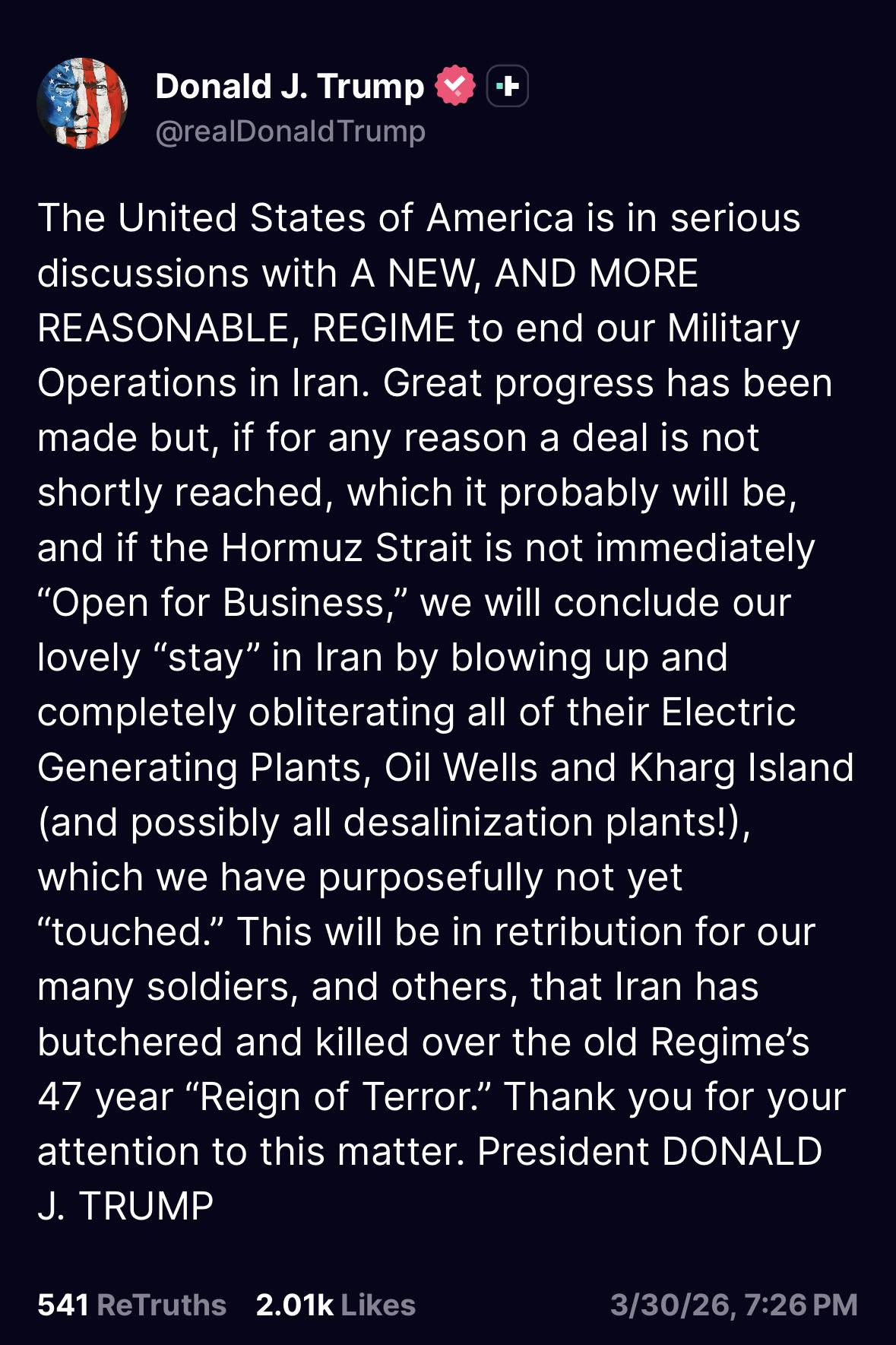 星期一———Donald J. Trump：美国目前正与一个「全新、更加理性」的