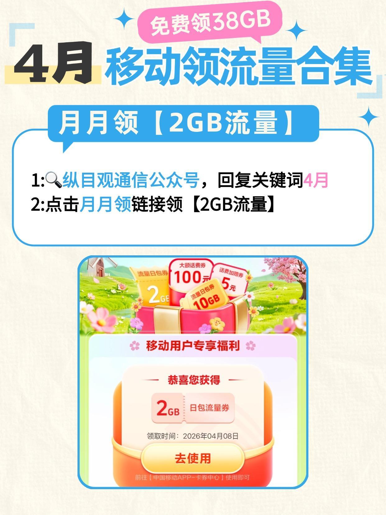 4月中国移动免费领流量合集来啦！
至高可以领38GB

以下再vx👸号可领
1