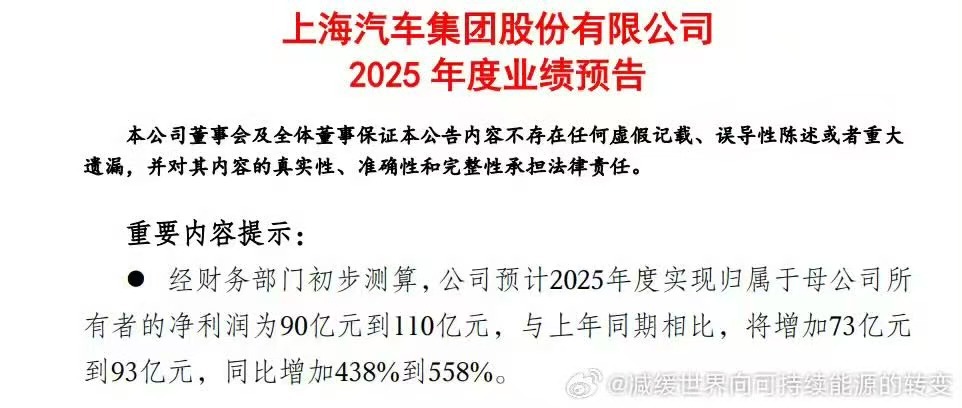 上汽25年深蹲！利润百亿！上汽集团2025年净利润预增超4倍