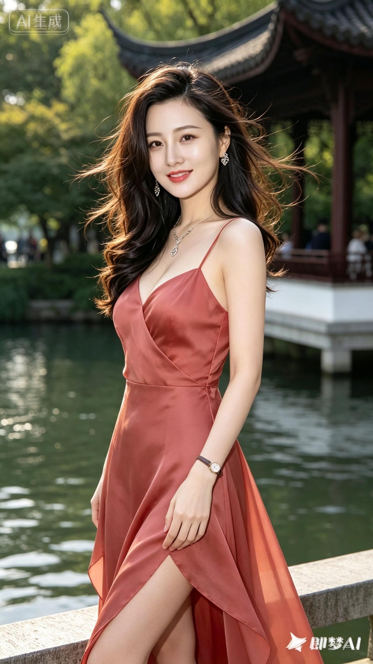 优雅红裙，古典园林，尽显东方美