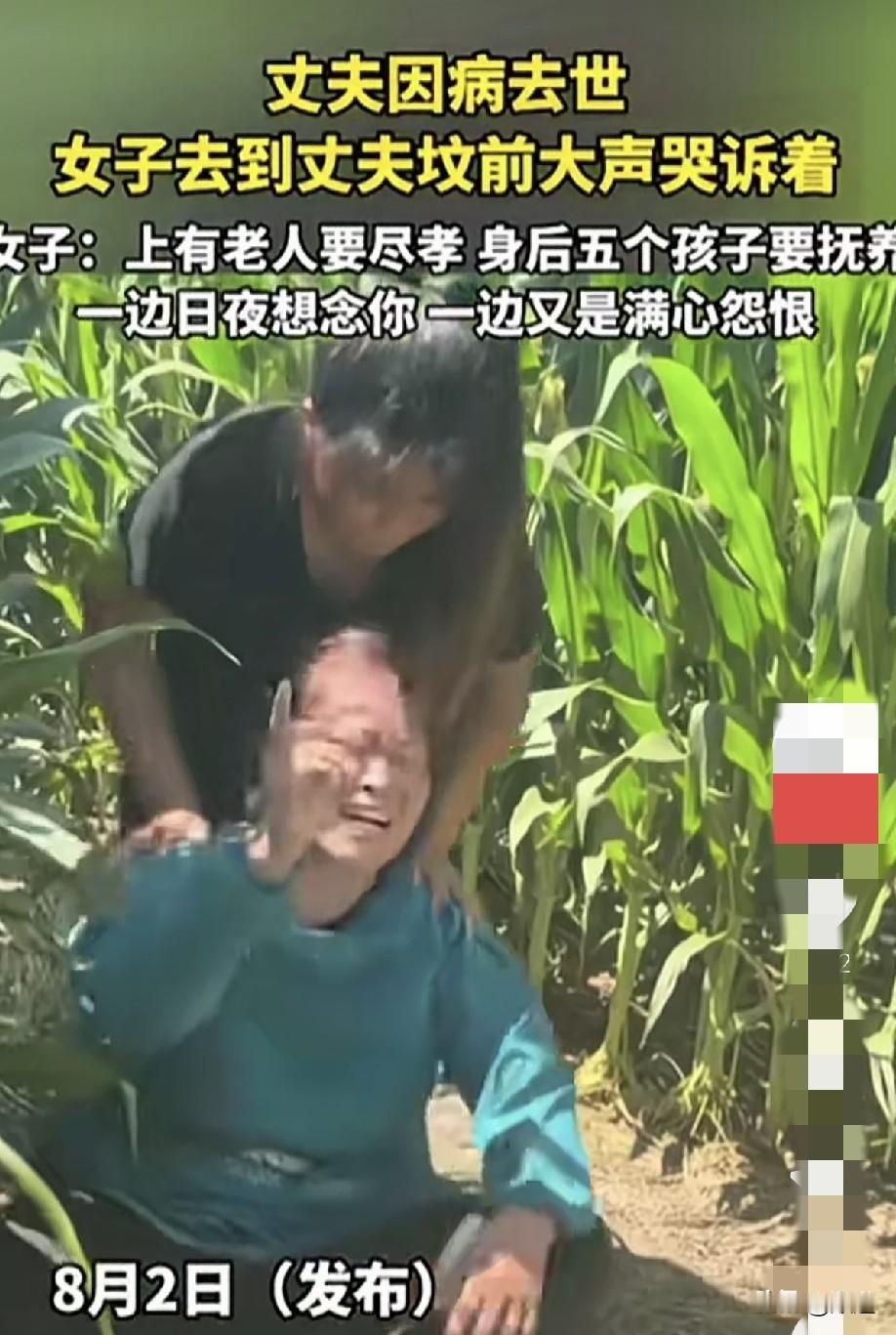 女子丈夫因病去世后，在丈夫坟前崩溃痛哭。
上有老人，下有5个孩子。
如今重任全压