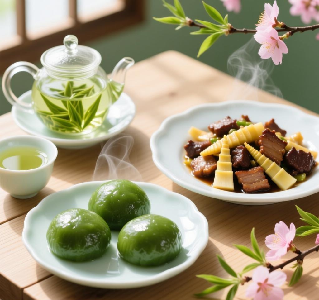 尝遍“春天的味道”： 吃一口软糯的青团，炒一盘鲜嫩的春笋，泡一杯明前龙井，把春天