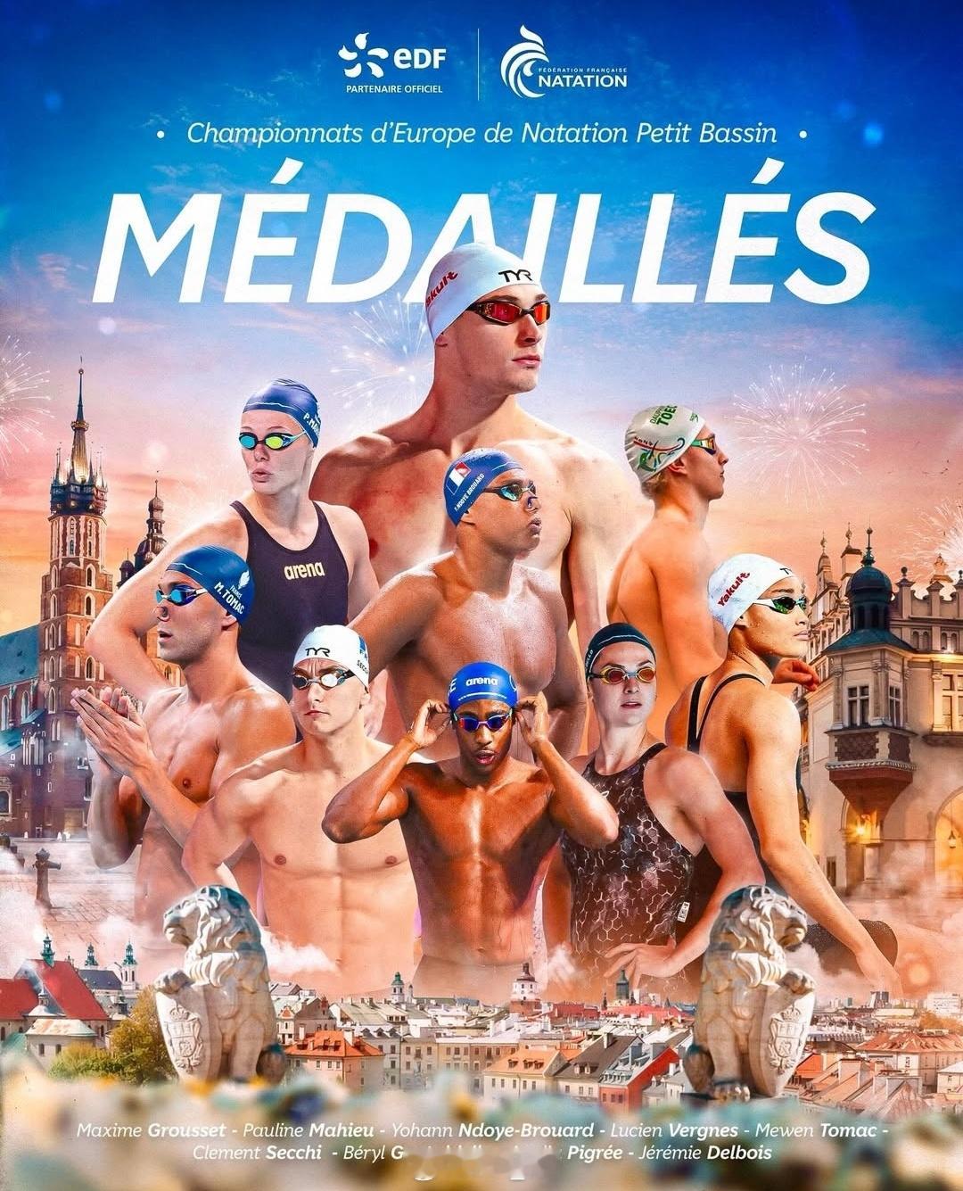 欧洲短池游泳锦标赛 法国🇫🇷百万美工大师又为获得奖牌选手专门出了一期海报