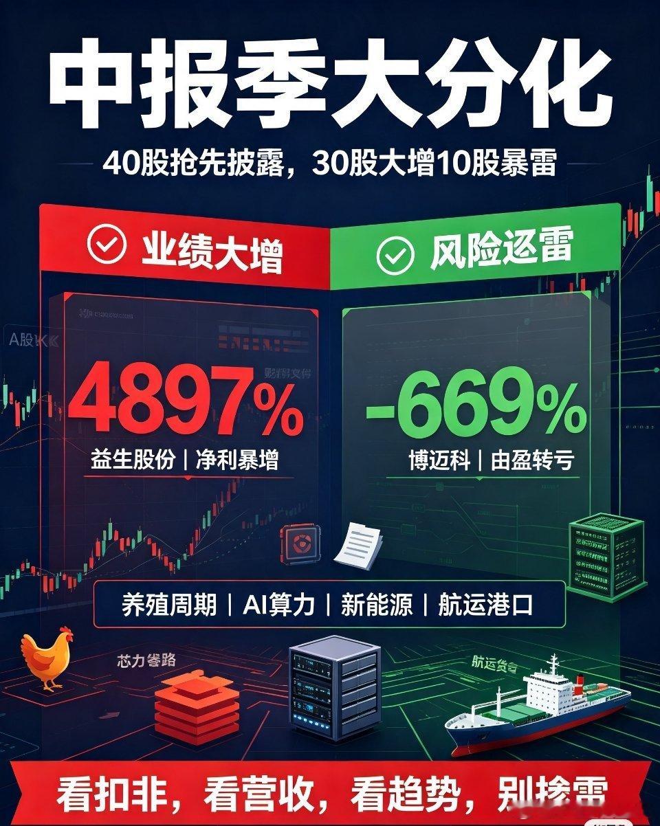 A股 中报业绩 益生股份 AI算力 股市复盘中报季大分化！40家抢先披露，30股