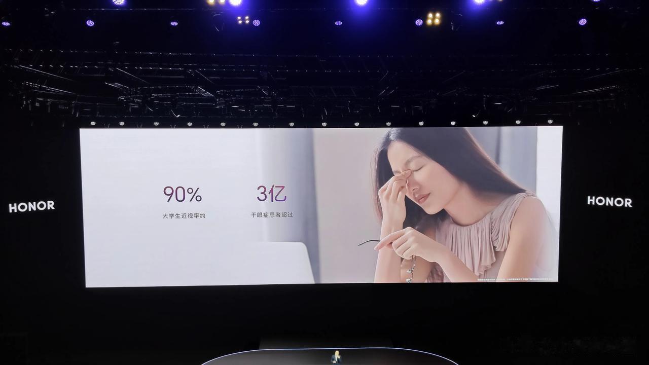 大学生近视率90%，中国干眼的人有3亿，荣耀总裁赵明这两个都有，所以荣耀100P