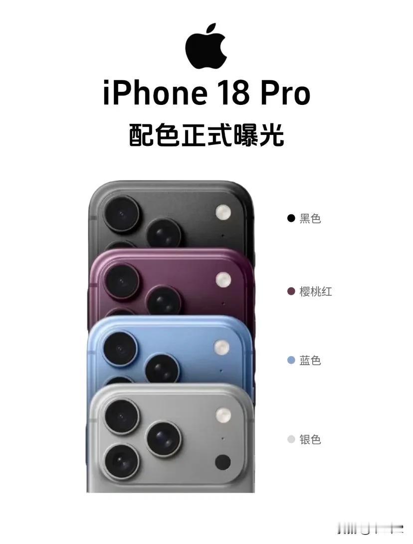 曝iPhone 18 Pro四款配色

除了经典配色黑、蓝、银色，还出了新配色樱