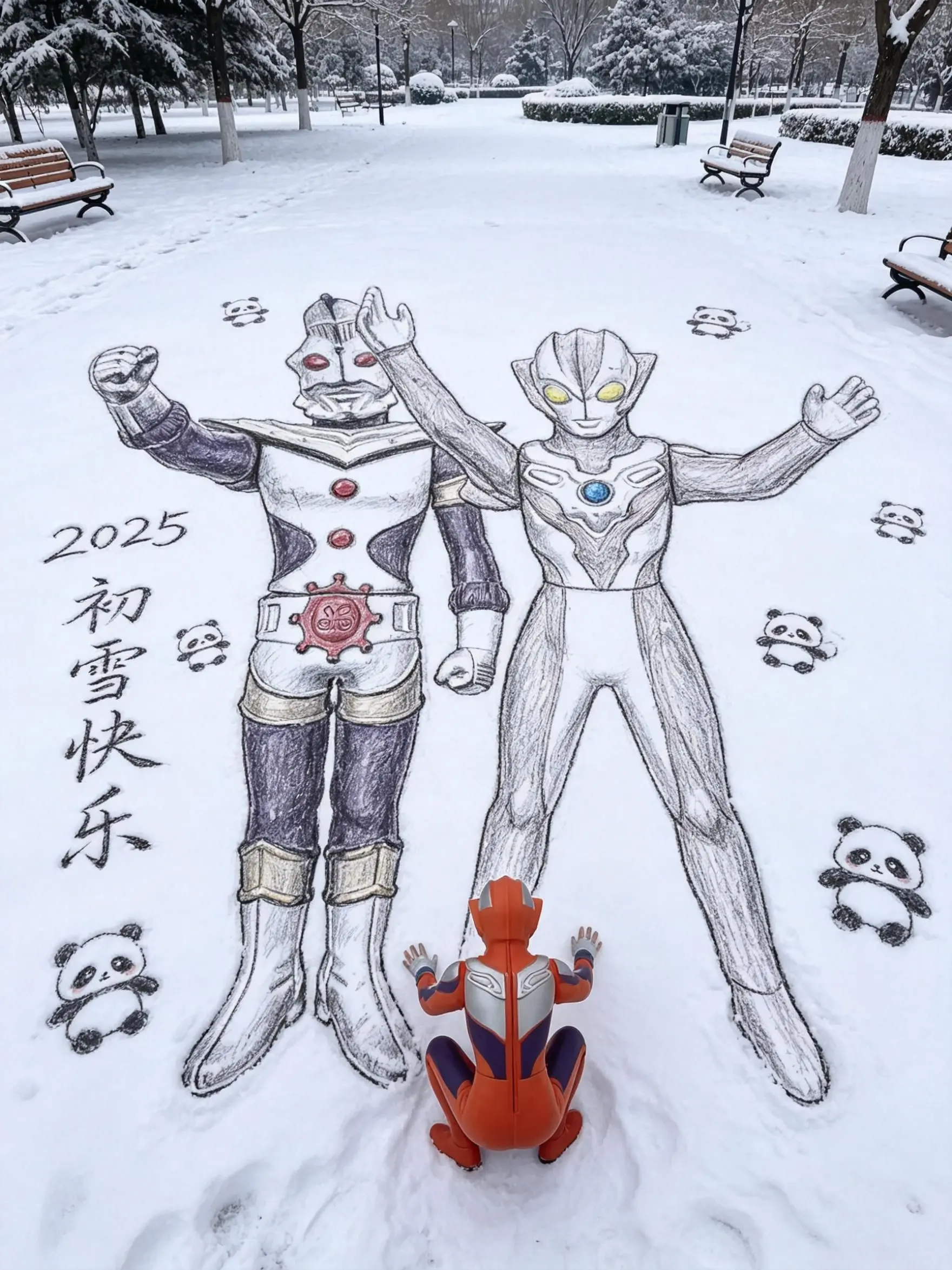 雪地手绘风 在雪地里当画家咯 万物皆有初雪氛围