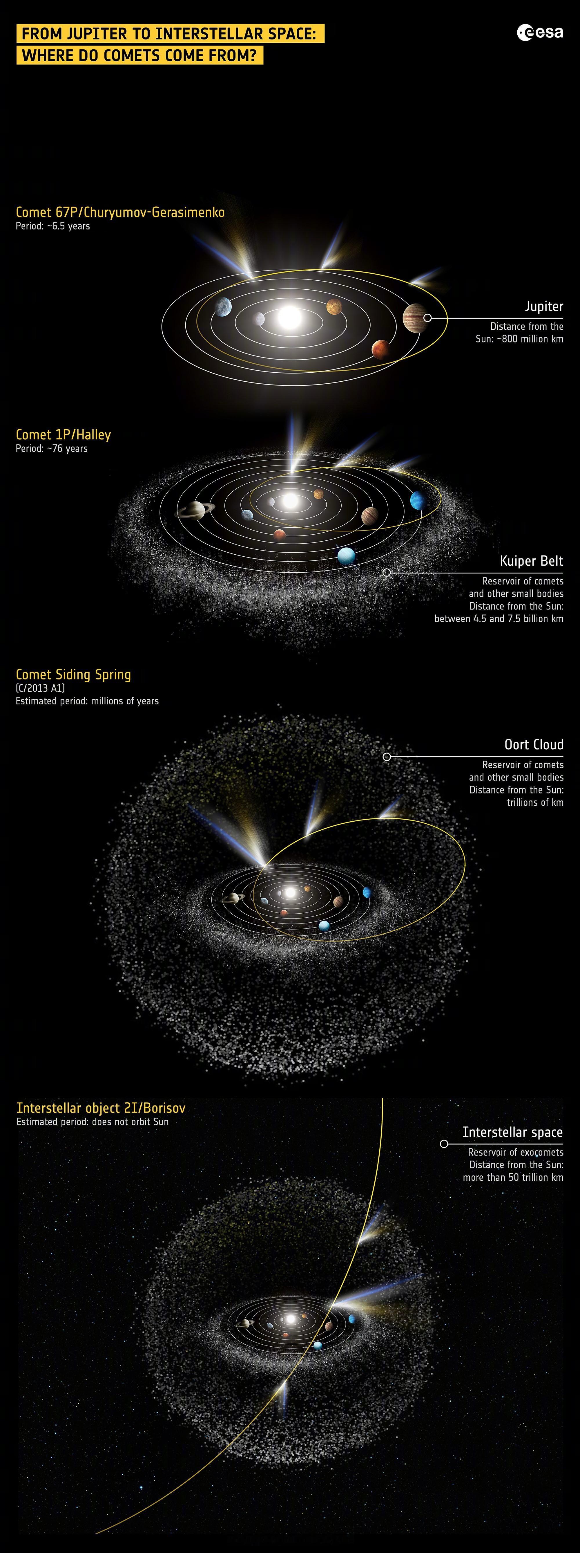 彗星通常沿着高度椭圆的轨道飞过太阳，以下是四颗不同的彗星轨迹。67P/丘留莫夫－