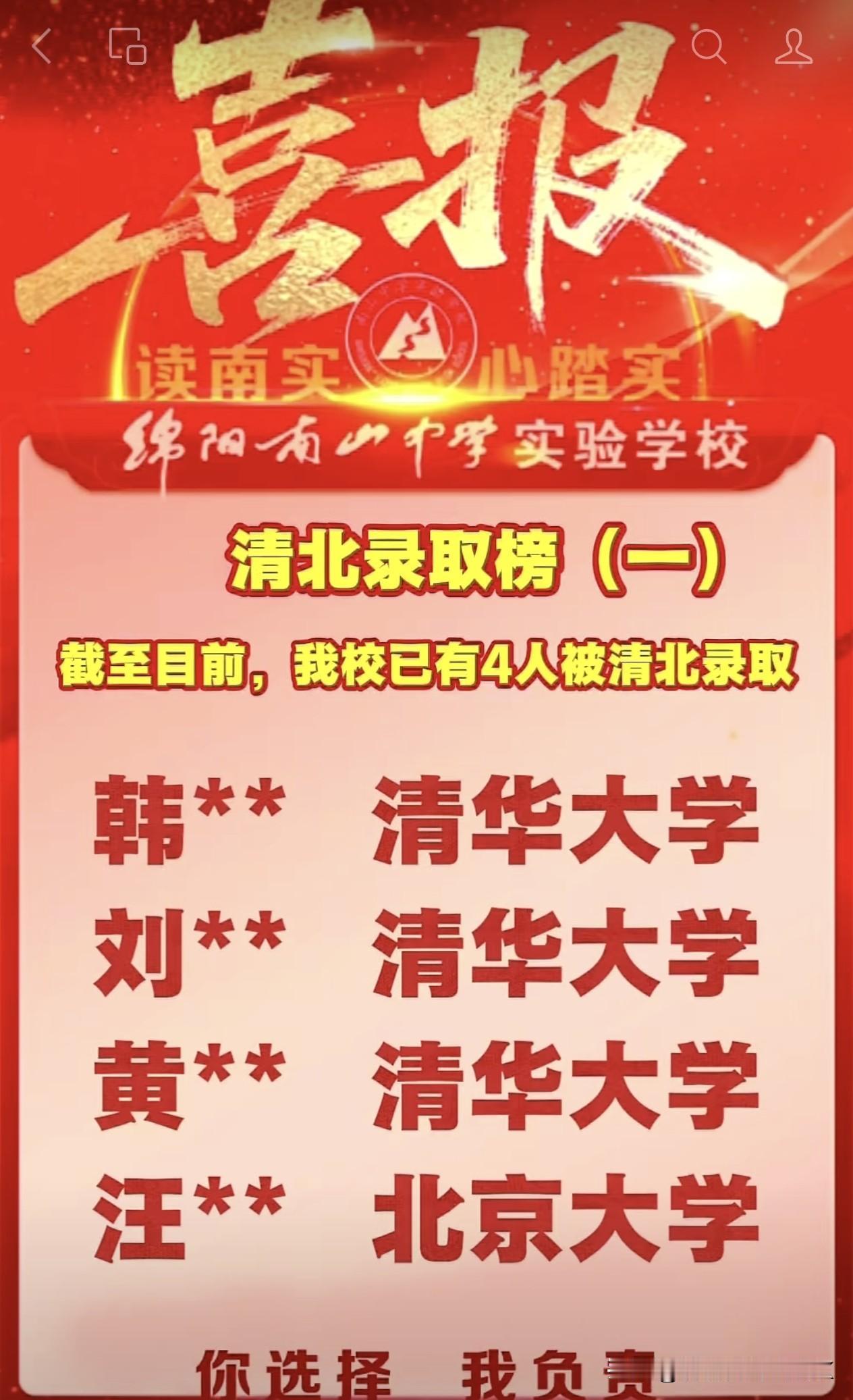 绵阳南山中学实验学校2026清北录取榜（一） |  截至目前，已有三清一北！