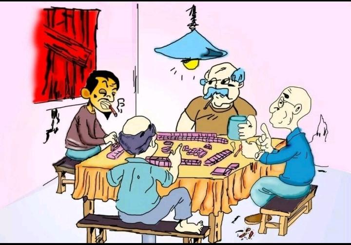 小小麻将一桌牌，
都想财从此中来，
缺幺断九难糊上，
………？

上联：麻友四面