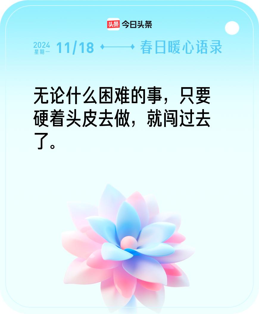 今日暖心语录我抽到的暖心语录为：无论什么困难的事，只要硬着头皮去做，就闯过去了。