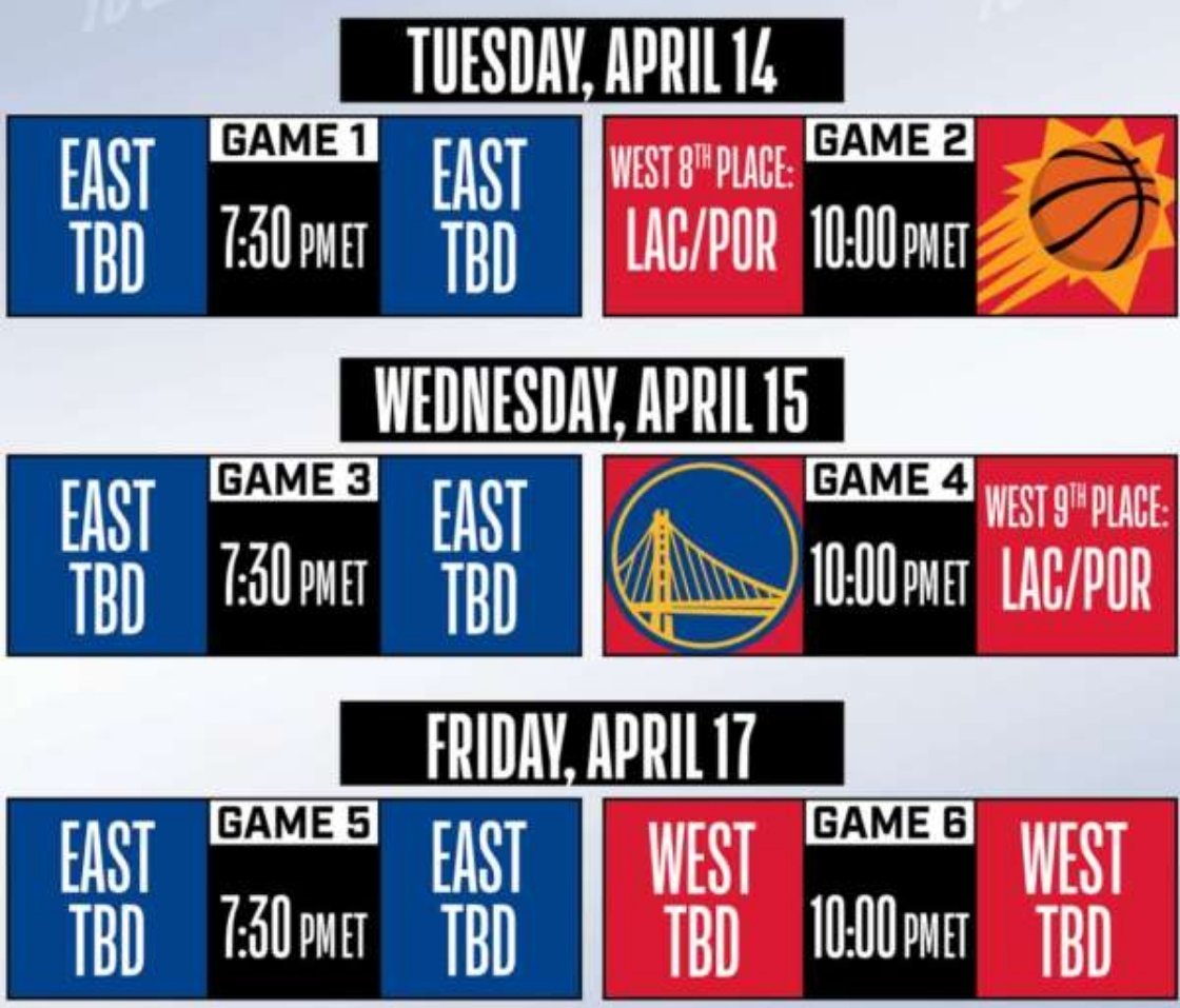 本赛季附加赛的赛程表出炉，目前西部只有太阳队锁定第七，勇士队锁定第十，开拓者和快