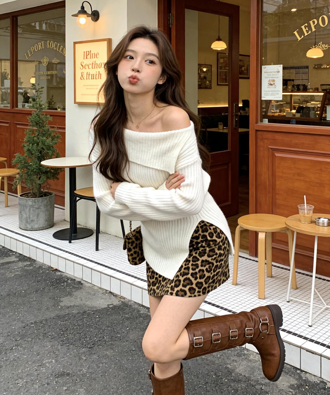 这套穿搭是白色毛衣+豹纹短裙，甜美与野性的完美结合，冬日里的一抹亮色！🌟👗?