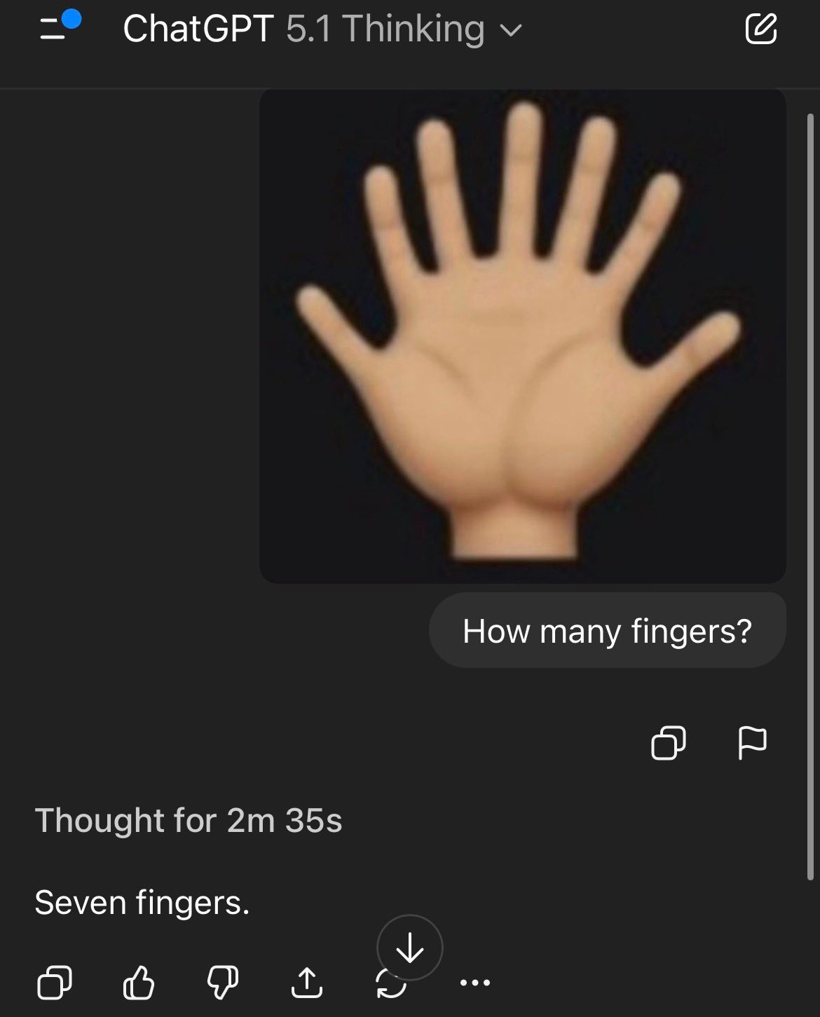 GPT-5.1 成为首个通过七指图测试的LLM，很有趣，这一次 ChatGPT 
