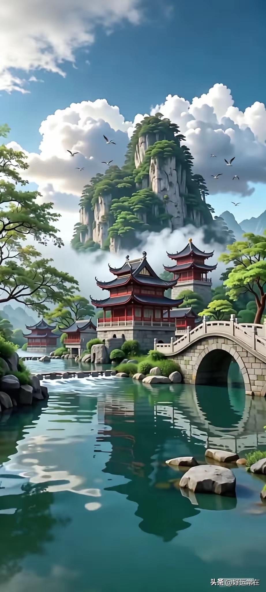 碧水桥横连古寺，
菏花绿箭接新姿。
横批：《连接》