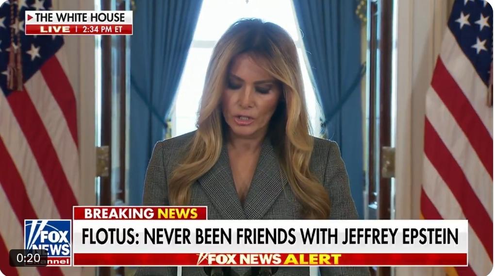 福克斯新闻报道美国第一夫人梅兰妮亚·特朗普在白宫发表罕见声明，否认与杰弗里·爱泼