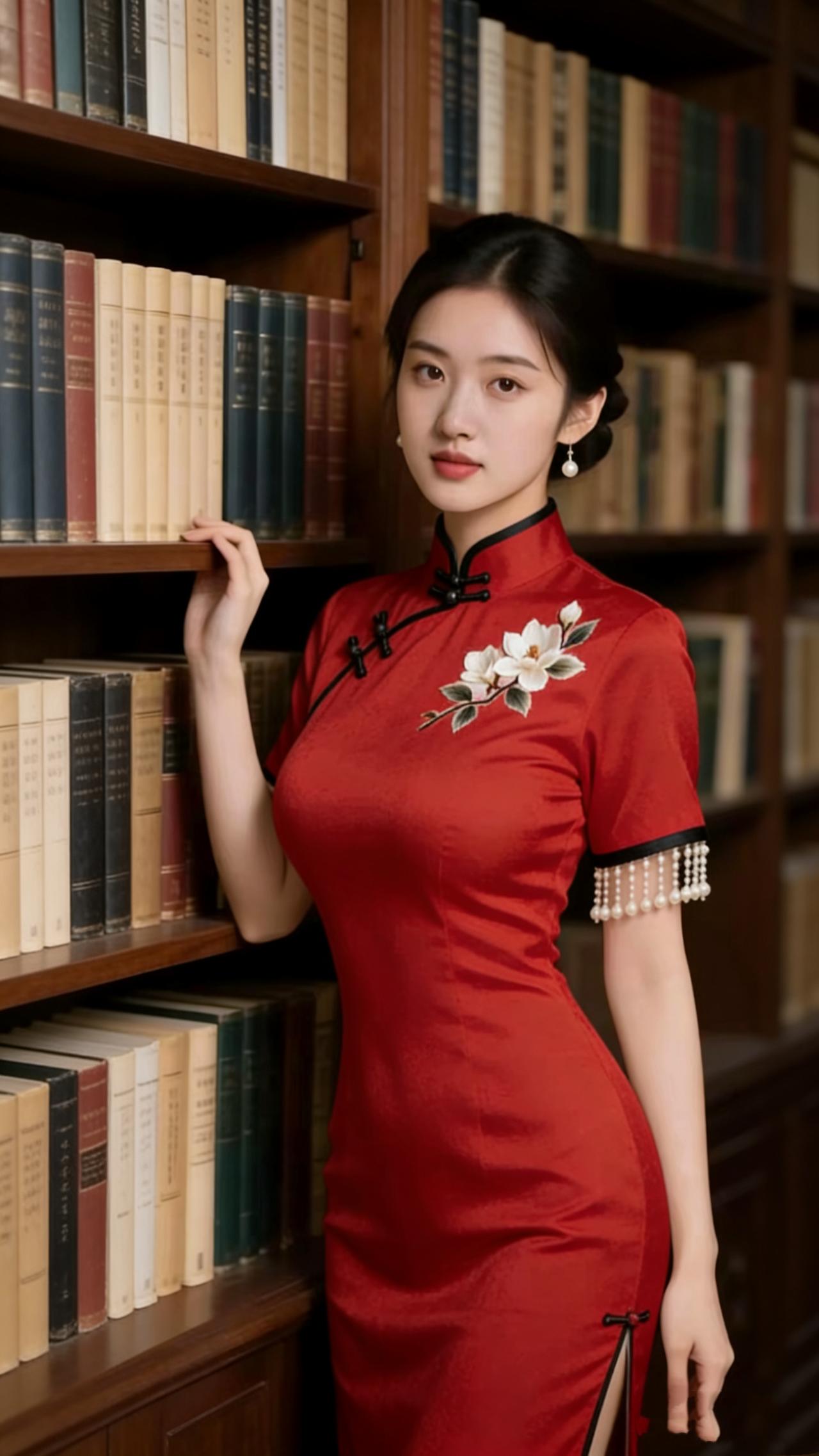 《红襟伴卷，墨里藏温》
 
旧木书架裹着纸页的陈香，她立在书脊的浅影里，一身朱红