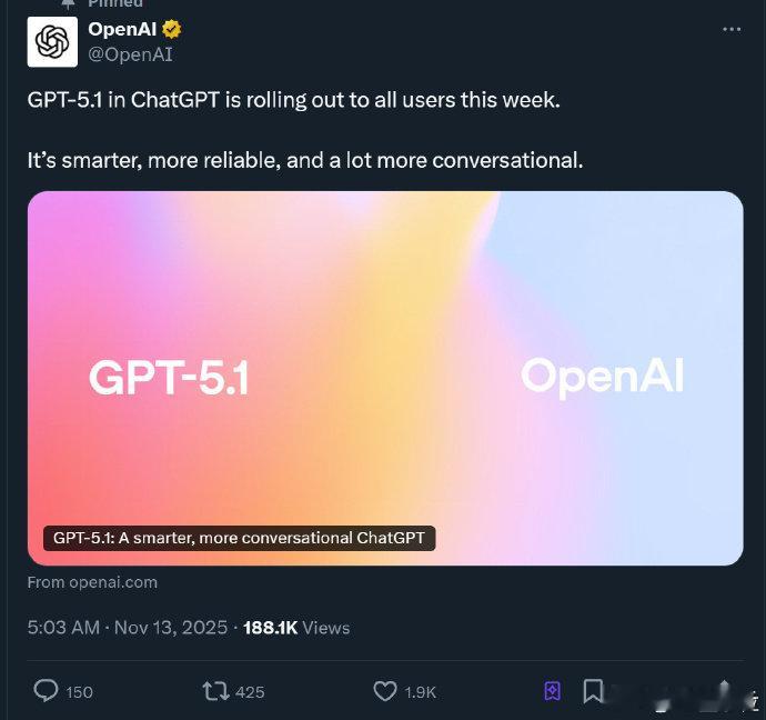 【 】OpenAI昨日更新了GPT-5.1，官方宣传ChatGPT比之前更像人了